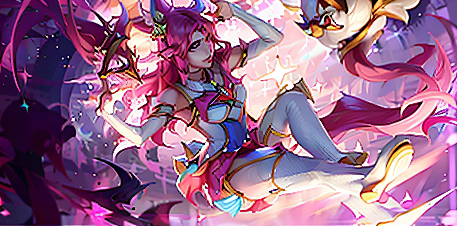 Anime girl with a sword and hat on her head, League of Legends character, seraphine ahri kda, star guardians, from league of legends, samira from league of legends, ahri, miss fortune league of legends, style league of legends, league of legends character art, kda, star guardian inspired, fuchsia skin, Katarina