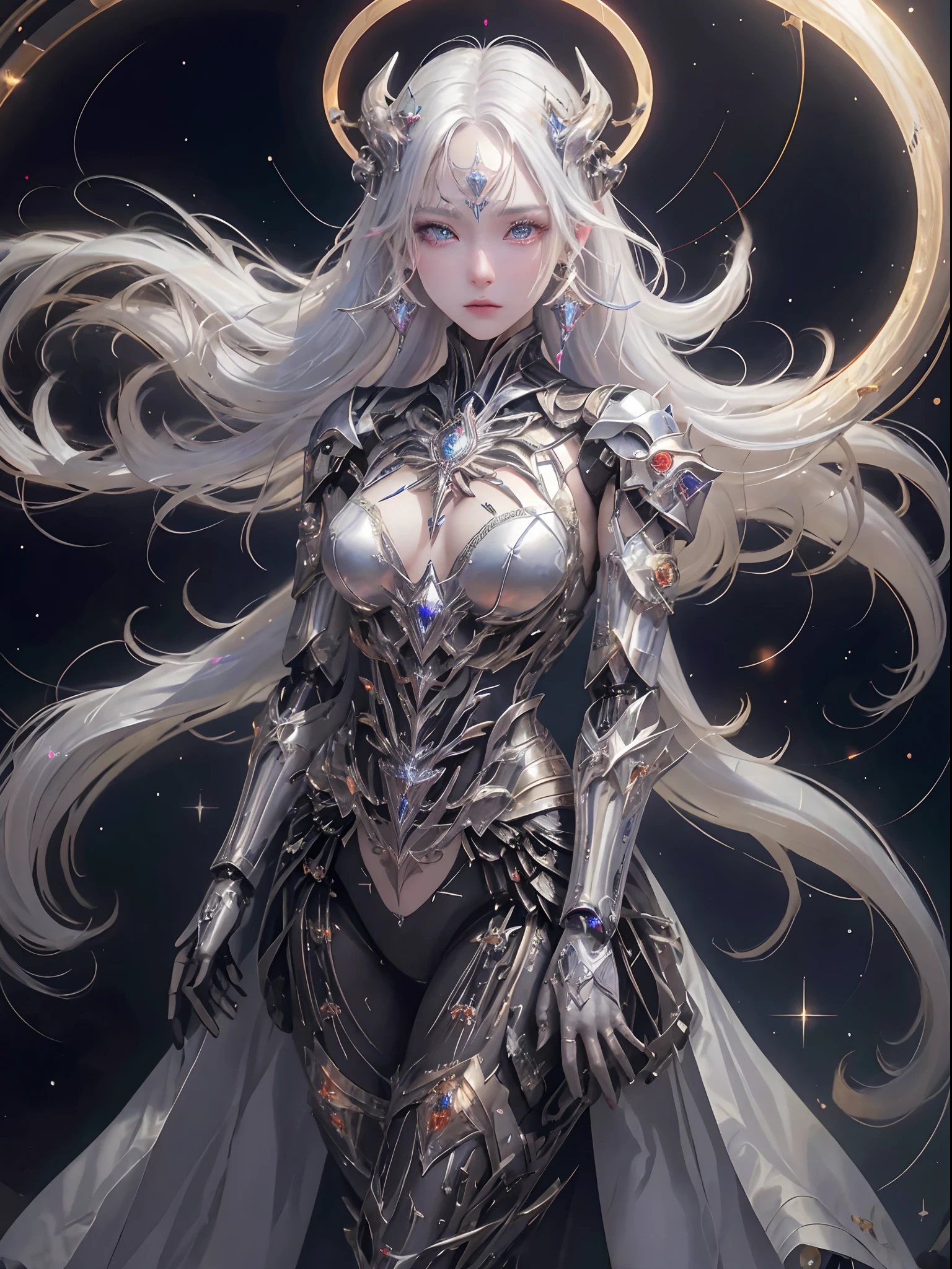 upper body, face focus, close up to face, caustics,reflection,ray tracing,demontheme,nebula,dark aura,cyber effect, (1girl:1.4),solo,alone,mecha musume,mechanical parts, robot joints,single mechanical arm, headgear, mechanical halo,star halo,intricate mechanical bodysuit, mecha corset, kimono, full armor, very long hair,white hair, hair between eyes, multicolored hair, colored inner hair, red eyes,glowing eye,eye trail, random expressions,random action, ancient japanese architecture,pond, starry sky,skyline,
