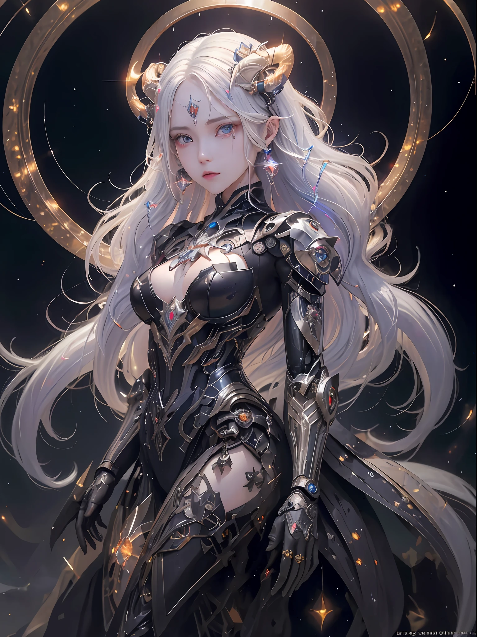 upper body, face focus, close up to face, caustics,reflection,ray tracing,demontheme,nebula,dark aura,cyber effect, (1girl:1.4),solo,alone,mecha musume,mechanical parts, robot joints,single mechanical arm, headgear, mechanical halo,star halo,intricate mechanical bodysuit, mecha corset, kimono, full armor, very long hair,white hair, hair between eyes, multicolored hair, colored inner hair, red eyes,glowing eye,eye trail, random expressions,random action, ancient japanese architecture,pond, starry sky,skyline,