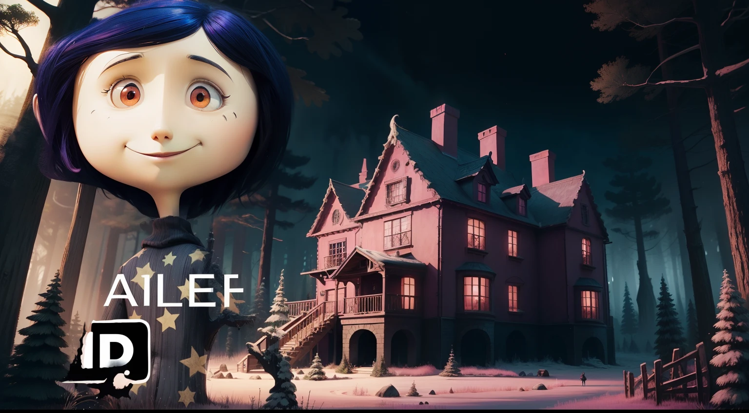 "background, dark, Coraline movie-inspired, pink mansion, forest"