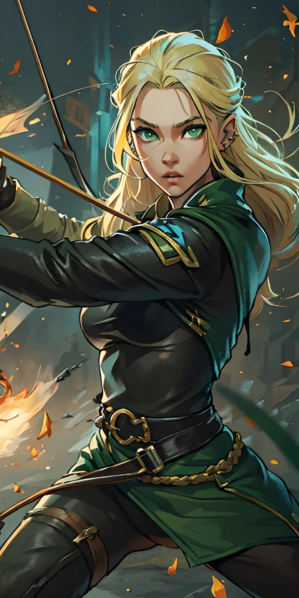 A skilled archer with piercing green eyes and flowing blonde hair, clad in a sleek black leather ensemble.