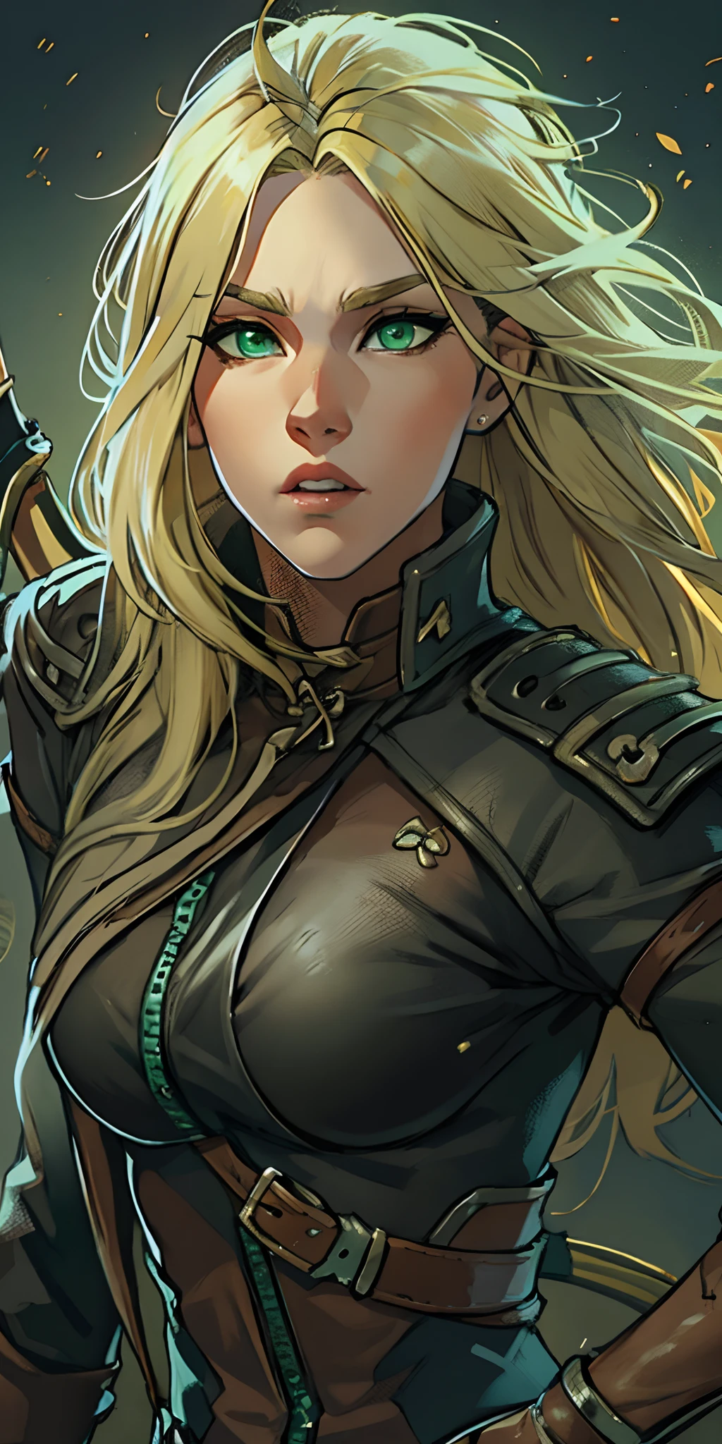 A skilled archer with piercing green eyes and flowing blonde hair, clad in a sleek black leather ensemble.