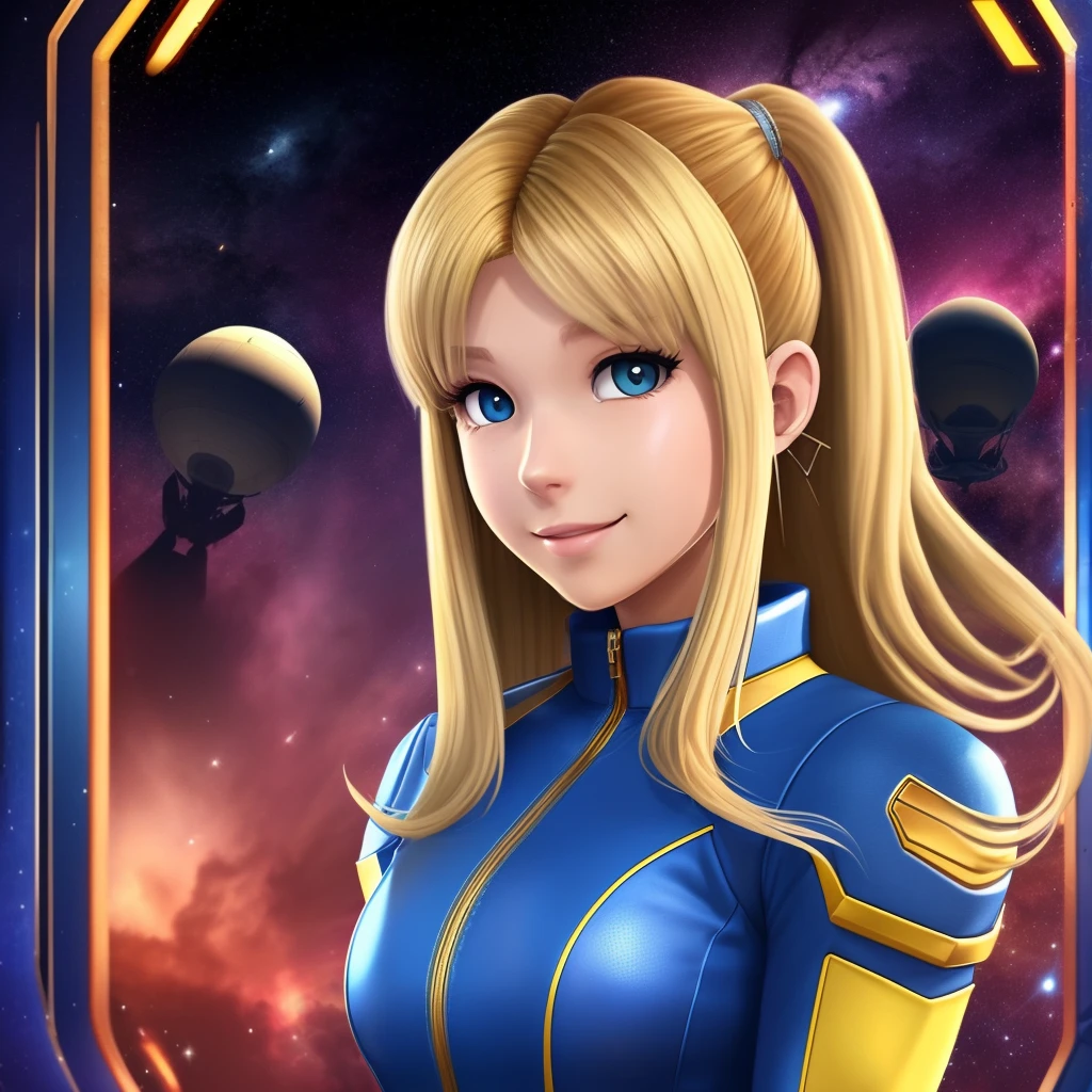 cute blonde woman wearing a blue jumpsuit, long hair, ponytail hair, spaceship background, sexy photo(samus aran) --auto --s2
