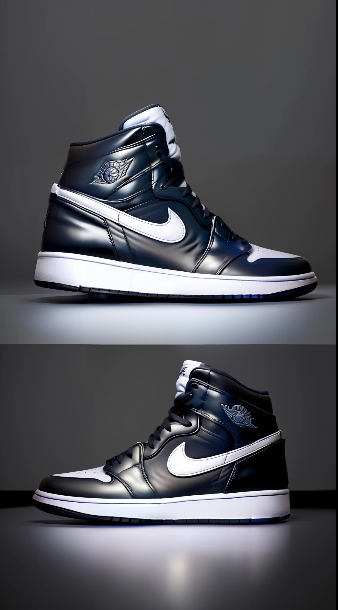 black boots jordan retro 1 color nike symbol black sole white,professional photography, captured with professional DSLR camera, trending on Artstation, 64k, ultra detailed, ultra accurate detailed, studio lighting, intricate, epic, dark background
