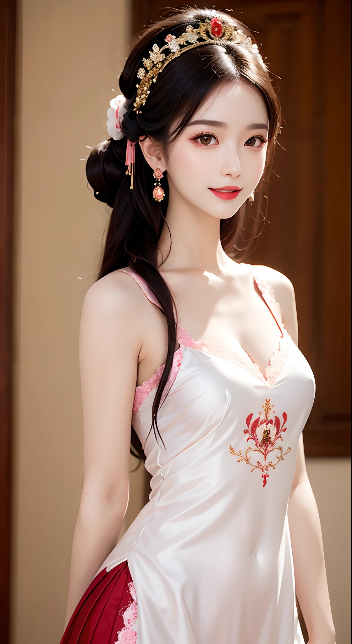 1 young empress wearing red lace top, deep-breasted nightgown, Chinese-style clothes, ancient costumes with many phoenix patterns, flawless white and pink face, crown on her head, black hair hip length, very beautiful and sharp brown eyes, small red lips, painted lips, charming smile, jewelry worn around the neck, earrings, white and even teeth, high nose, big round breasts, elongated legs, thin mesh black socks, portrait, most realistic, highest quality, best pixels, 8k ultra,