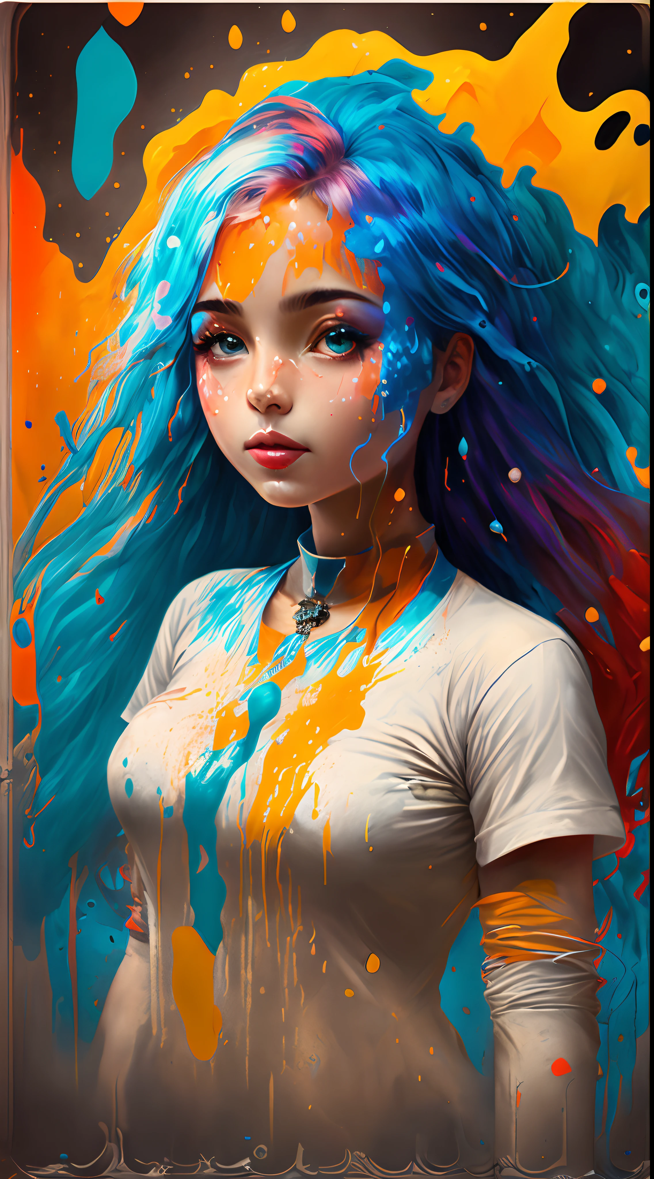 uma pintura de uma mulher com cabelos coloridos, fantasy game spell icon, liquid splashes, arte de jogo de computador, colorido hiperdetalhado, cores de fantasia, imagem de avatar, cores fortes de azul e laranja, belas fotos de avatar, corpo pintado com fluido preto, arte digital h 9 6 0, rico colorido