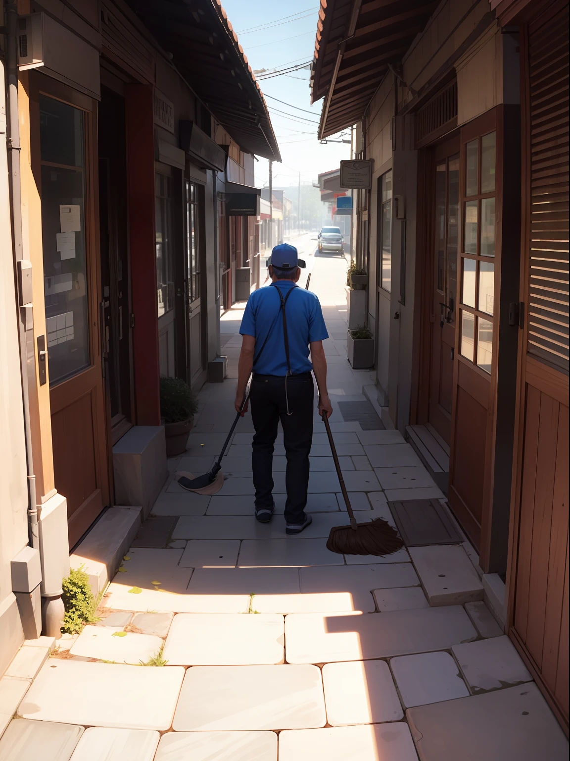 Bring a hat and headphones,Elderly male cleaner sweeping the street