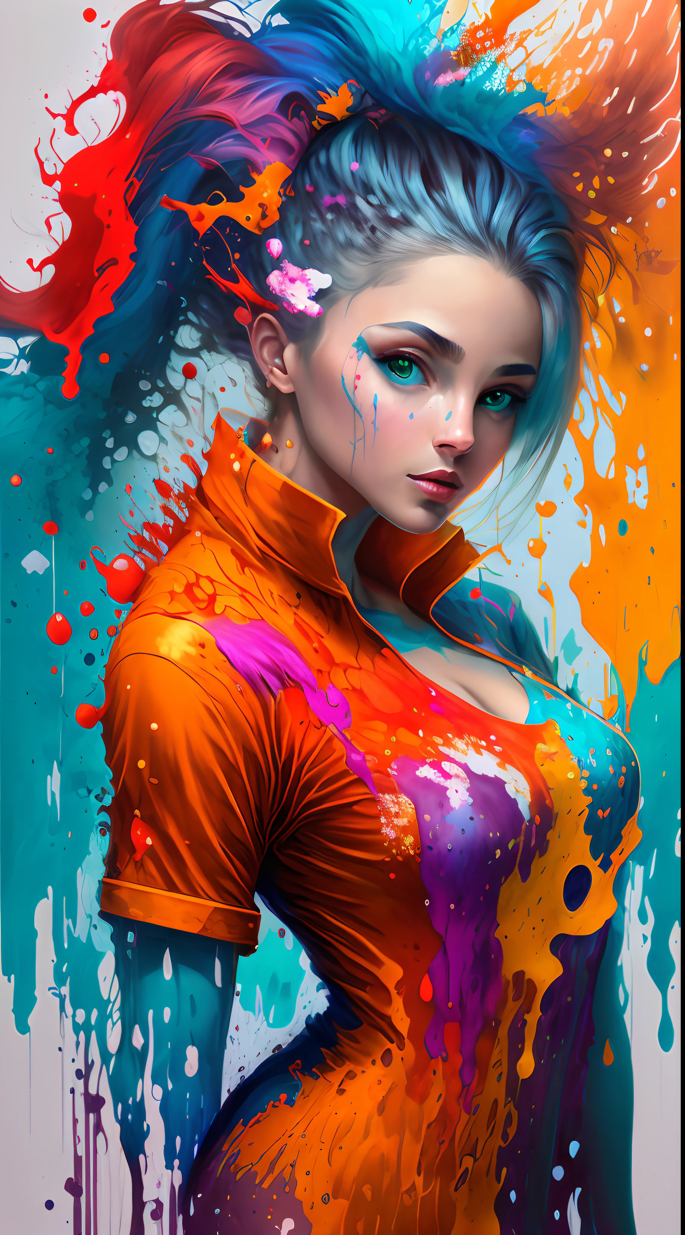 uma pintura de uma mulher com cabelos coloridos, fantasy game spell icon, liquid splashes, arte de jogo de computador, colorido hiperdetalhado, cores de fantasia, imagem de avatar, cores fortes de azul e laranja, belas fotos de avatar, corpo pintado com fluido preto, arte digital h 9 6 0, rico colorido