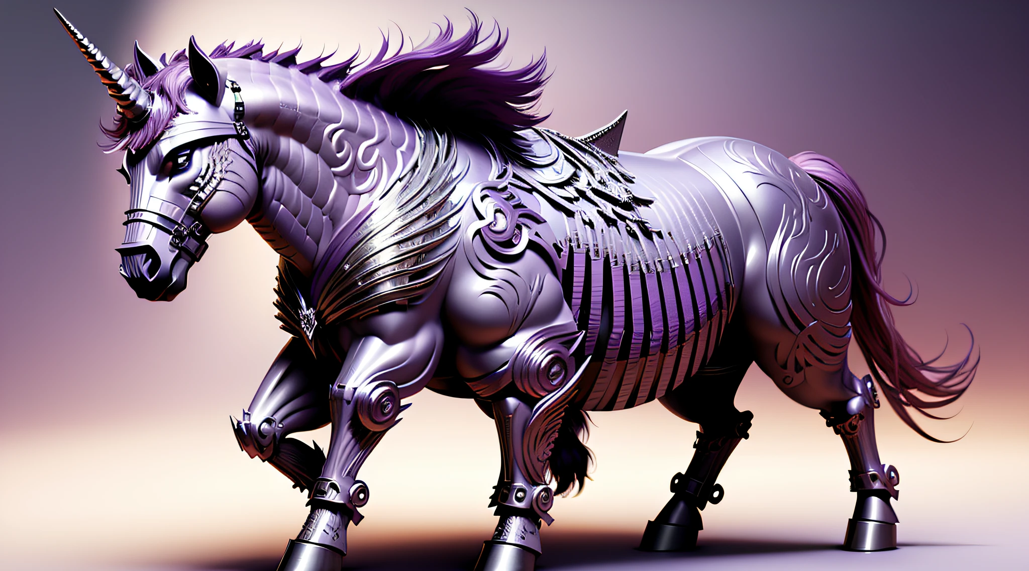 A w44p3n of a purple and silver unicorn made of a white background