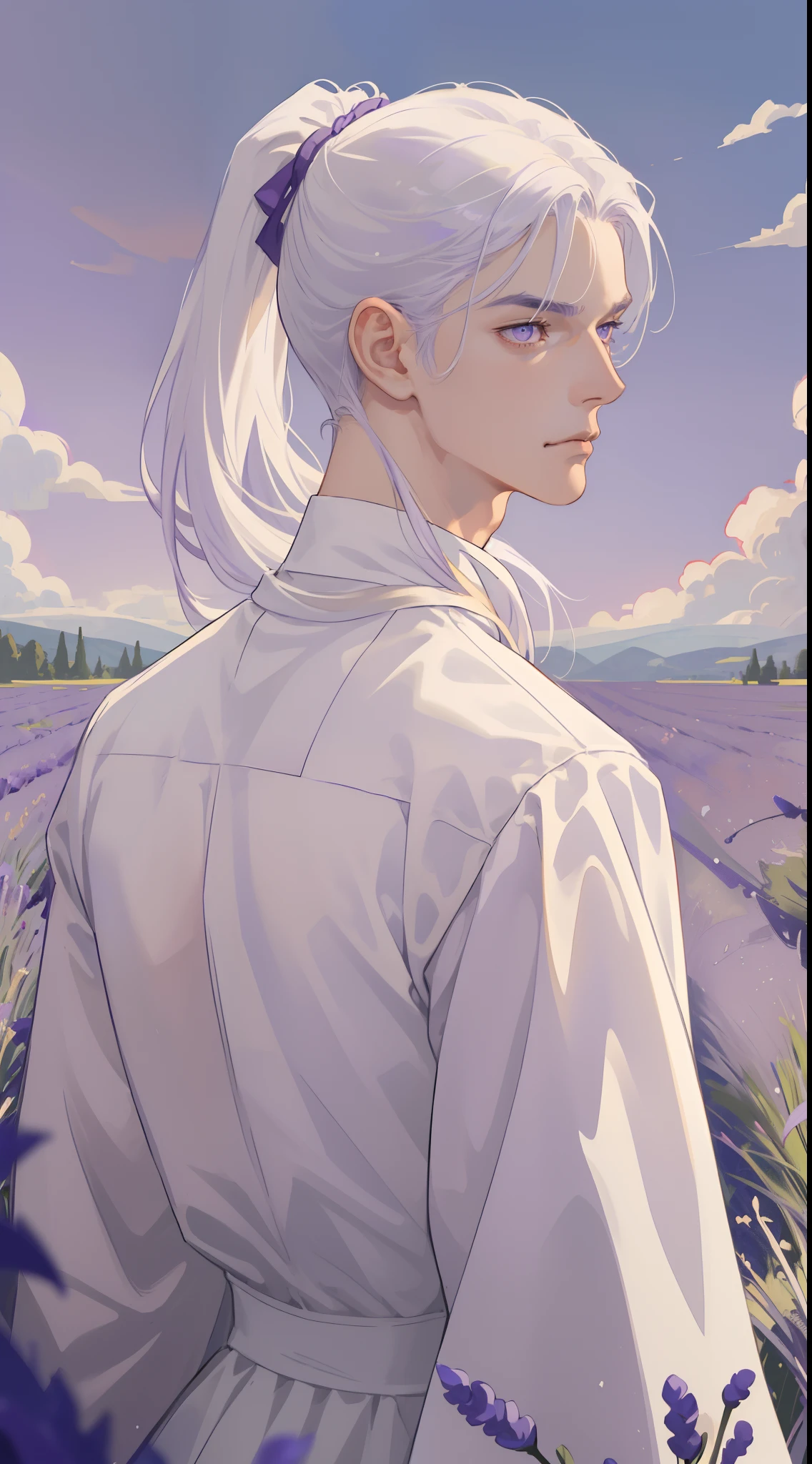 masterpiece, best quality, realistic, 1man, male focus, male model, tall muscular, handsome, closed mouth, simple clothes, portrait,extremely detailed face, low ponytail white hair, flying bangs, purple eyes, sky background, simple background, SIDE VIEW, looking at the viewers, view from the back, lavender field, MALE ONLY, MALE