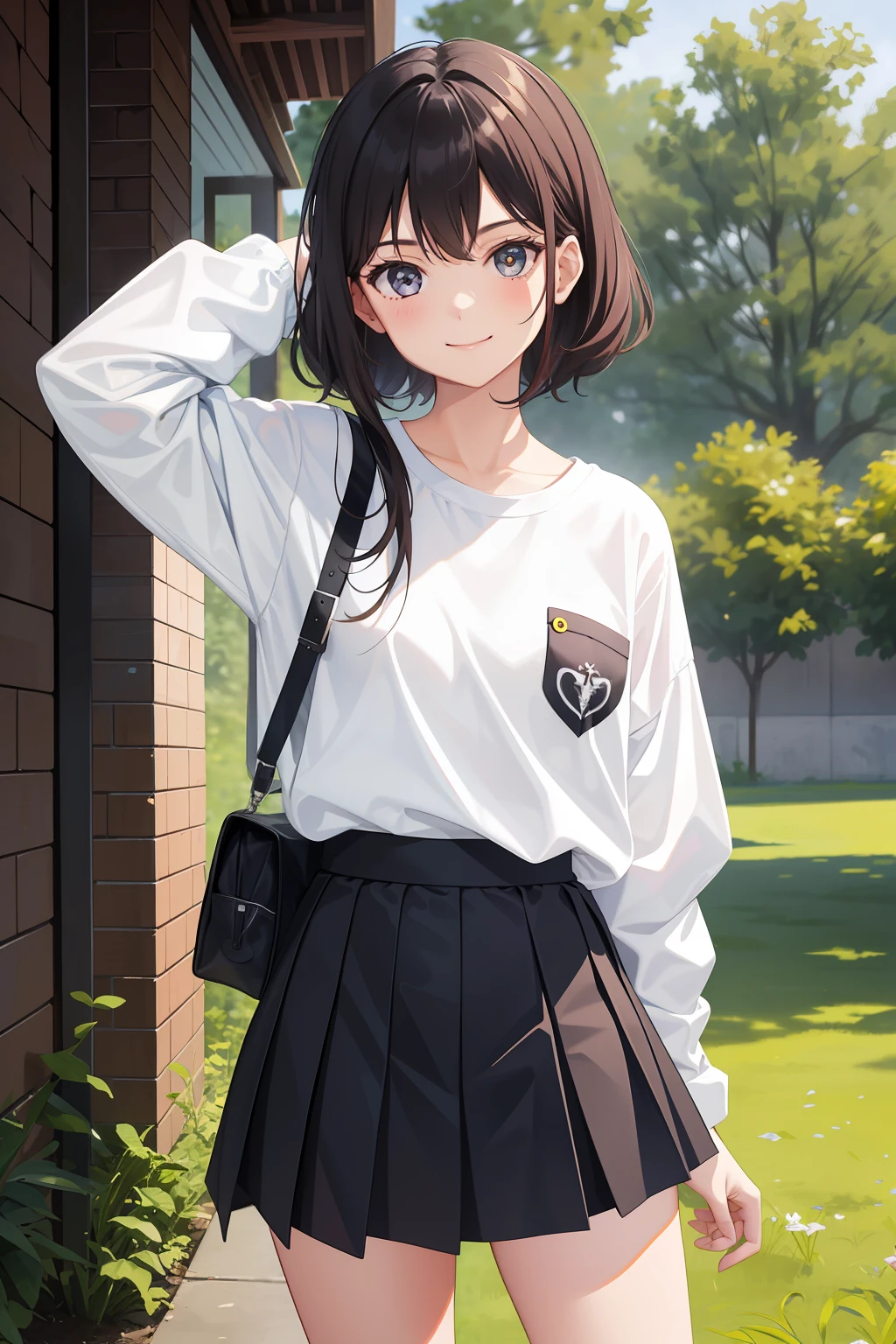 1 girl, smile, shirt, skirt, (small) chiralism, (panchira)