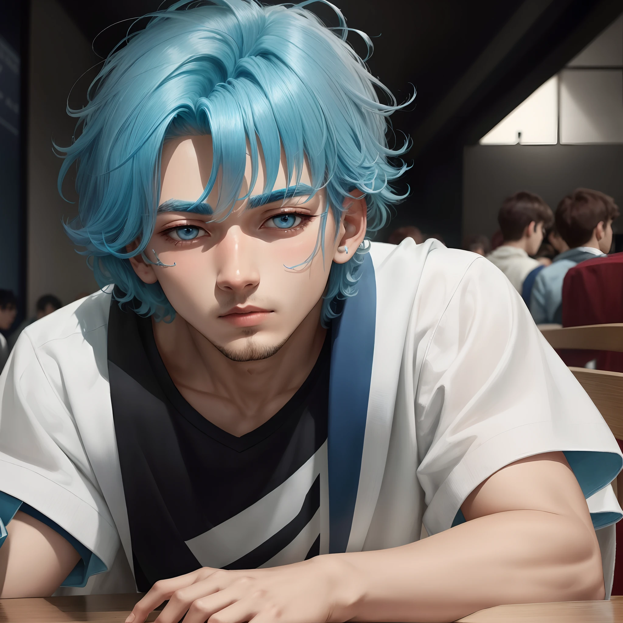 blue hairs,White eyes lying on table medium milky blue JK looking at the audience