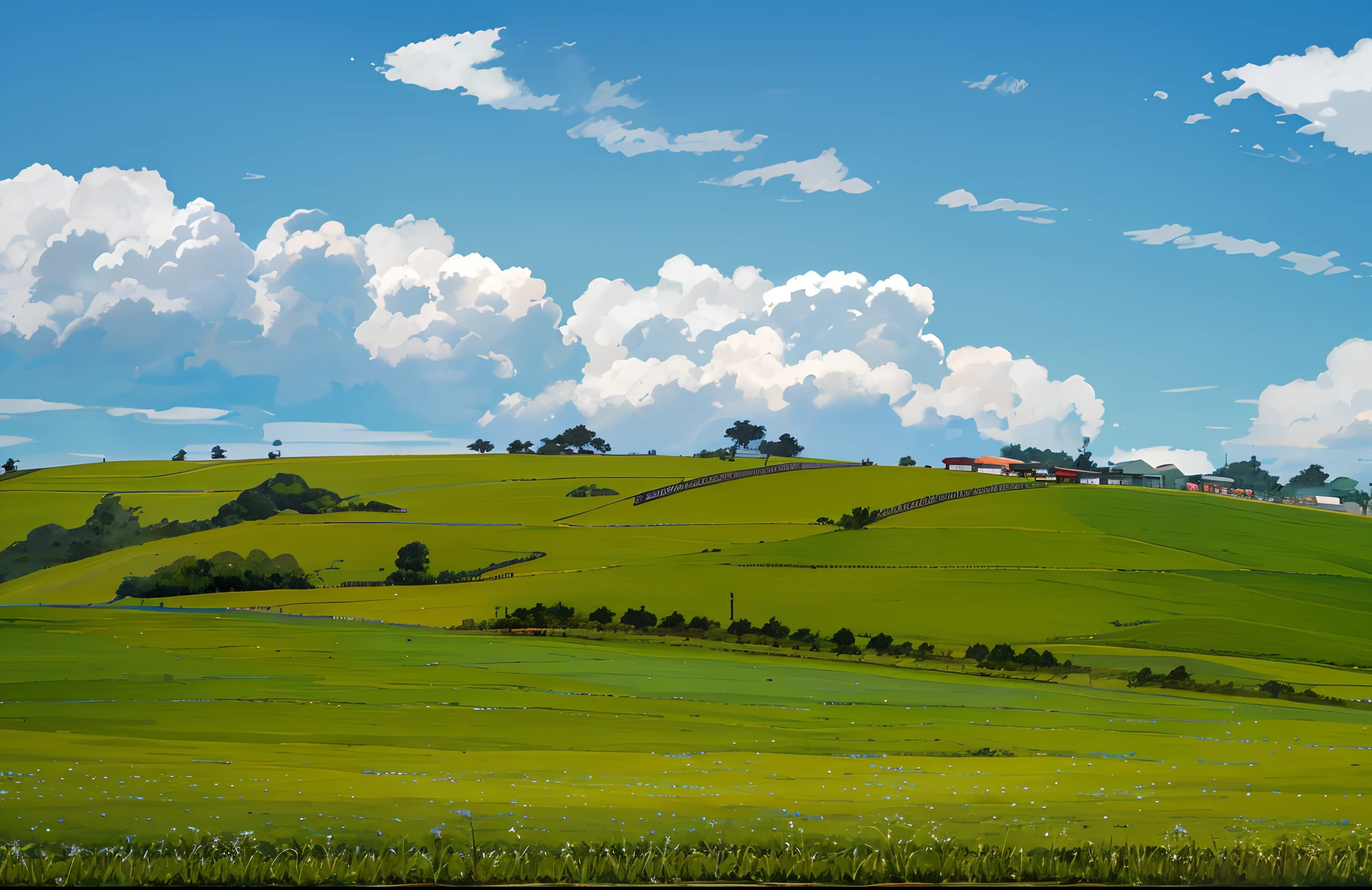 There is a field with a green grass and a blue sky, blue sky and green pasture, Campo gramado, em um grande campo verde gramado, background is celestial, um campo aberto, farm land, grassy plains, campos gramados, an extensive grassy plain, prado, paisagem aberta, natureza e nuvens em segundo plano, Morro Gramado, Campo exuberante, Nuvens e campos em segundo plano