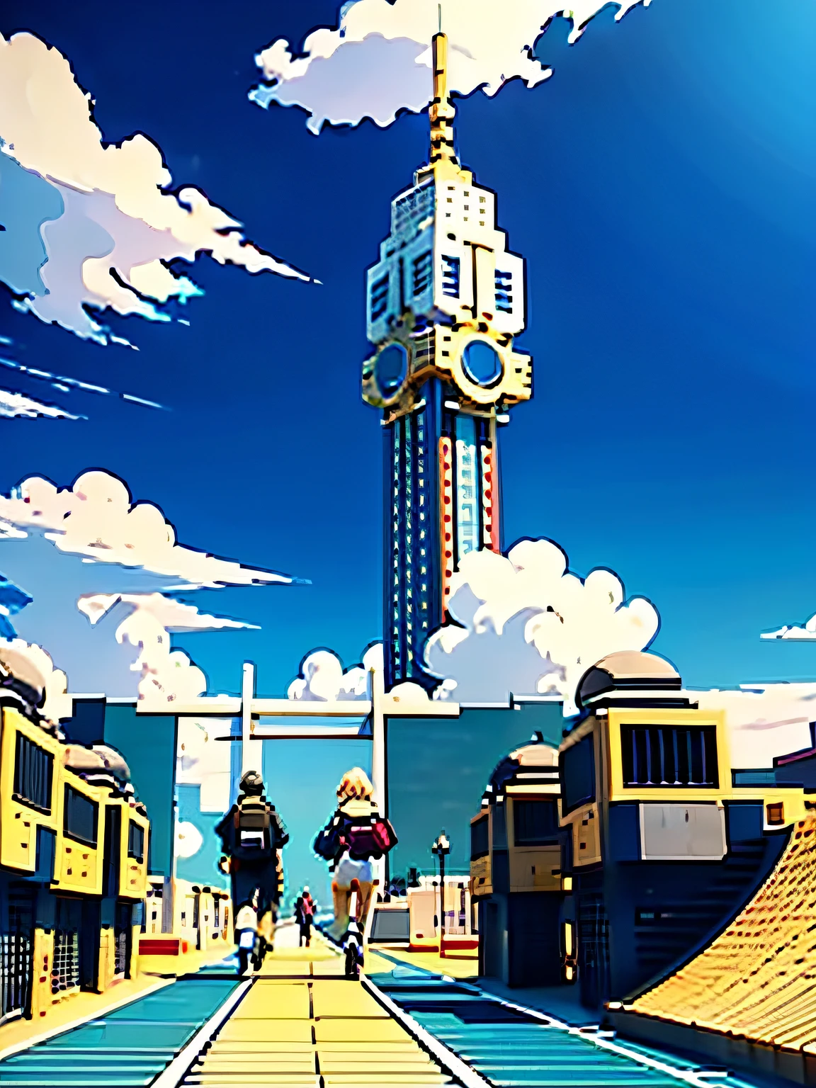 Very detailed poster，A group of students walked towards the campus，with blue sky and white clouds，anime big breast，pop-art，typographic，Golden section，Trends on ArtStation，hyper HD