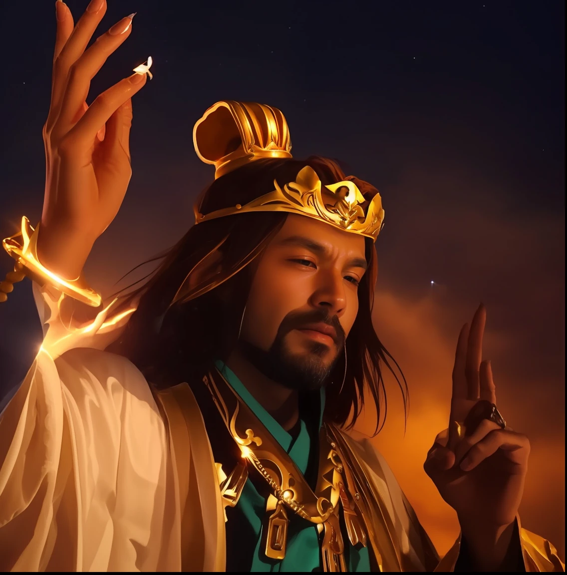 Close-up of a man wearing a crown on his head, Lightning in the sky
