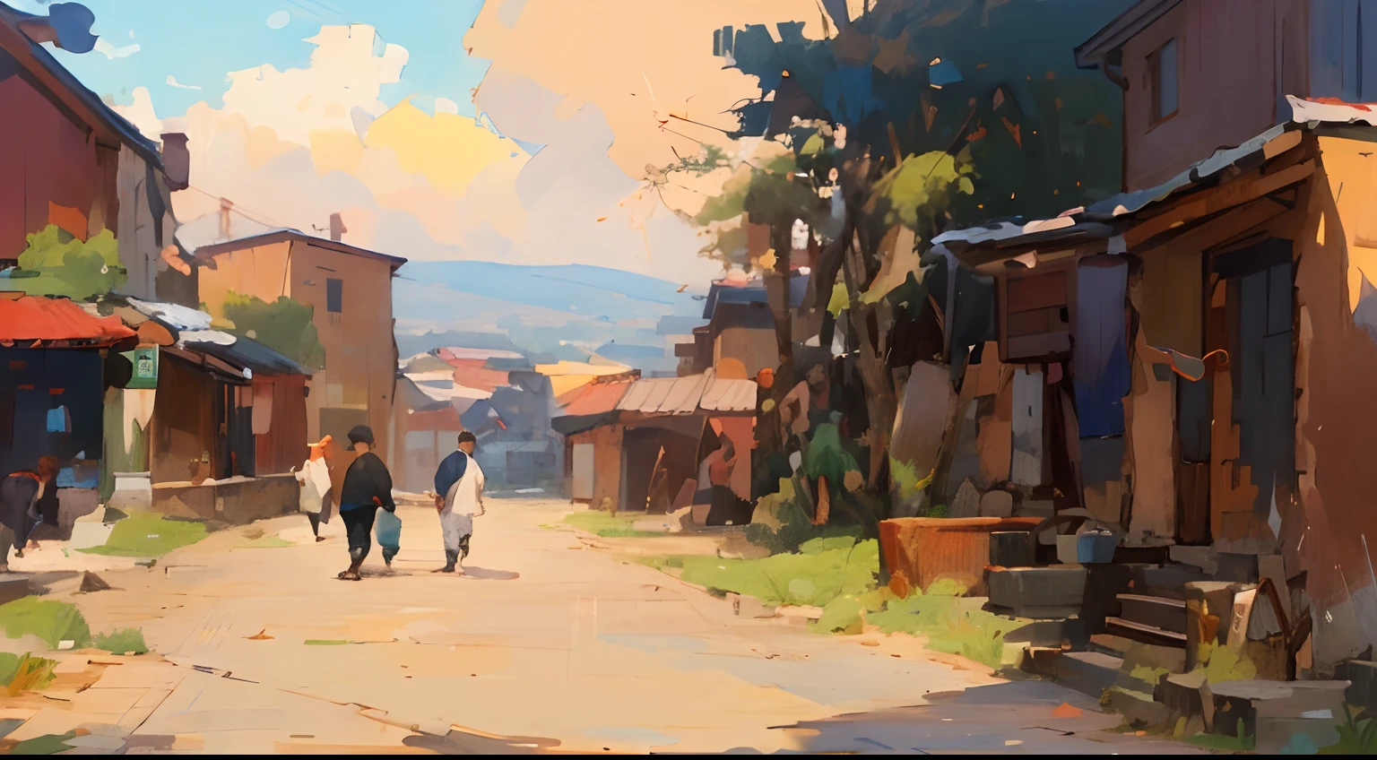 painting of a couple walking down a street past a row of houses, black and white line art, by Wojciech Weiss, by Ni Yuanlu, by Vlaho Bukovac, by Andrzej Pronaszko, by Bertalan Székely, by Alexander Carse, by Josep Rovira Soler, village, by Bohumil Kubista