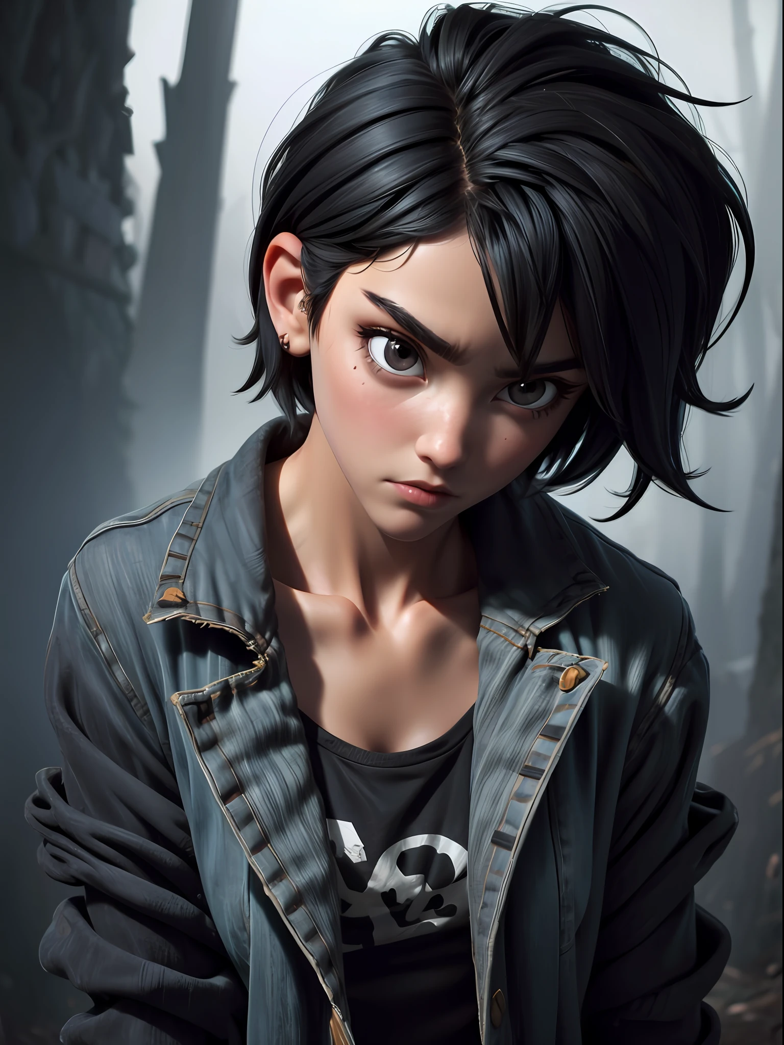 1girl, short black hair messy, black eyes, psycho look, gray haze around, peeking out upper body, dark forest, Ripped clothes, 16k