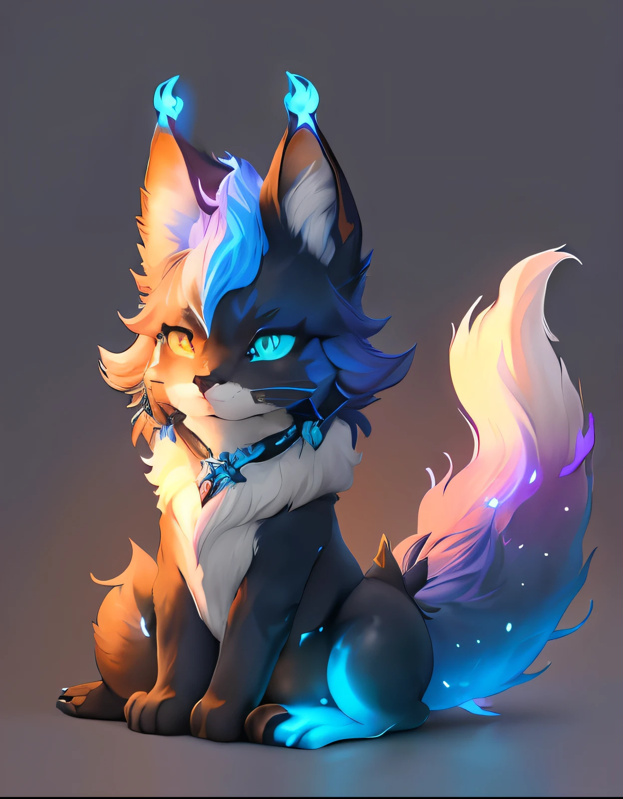um close up de um gato dos desenhos animados com uma cauda azul e uma cauda rosa, rabo de cavalo, adorable glowing creature, ethereal fox, iridescence water elemental, character adoptable, furry fluffy iridescent dragon, be ethereal, Arte Fursona, furafinidade fursona | |, Mago da Raposa Negra, three - tailed fox, gato cavalo-marinho fursona