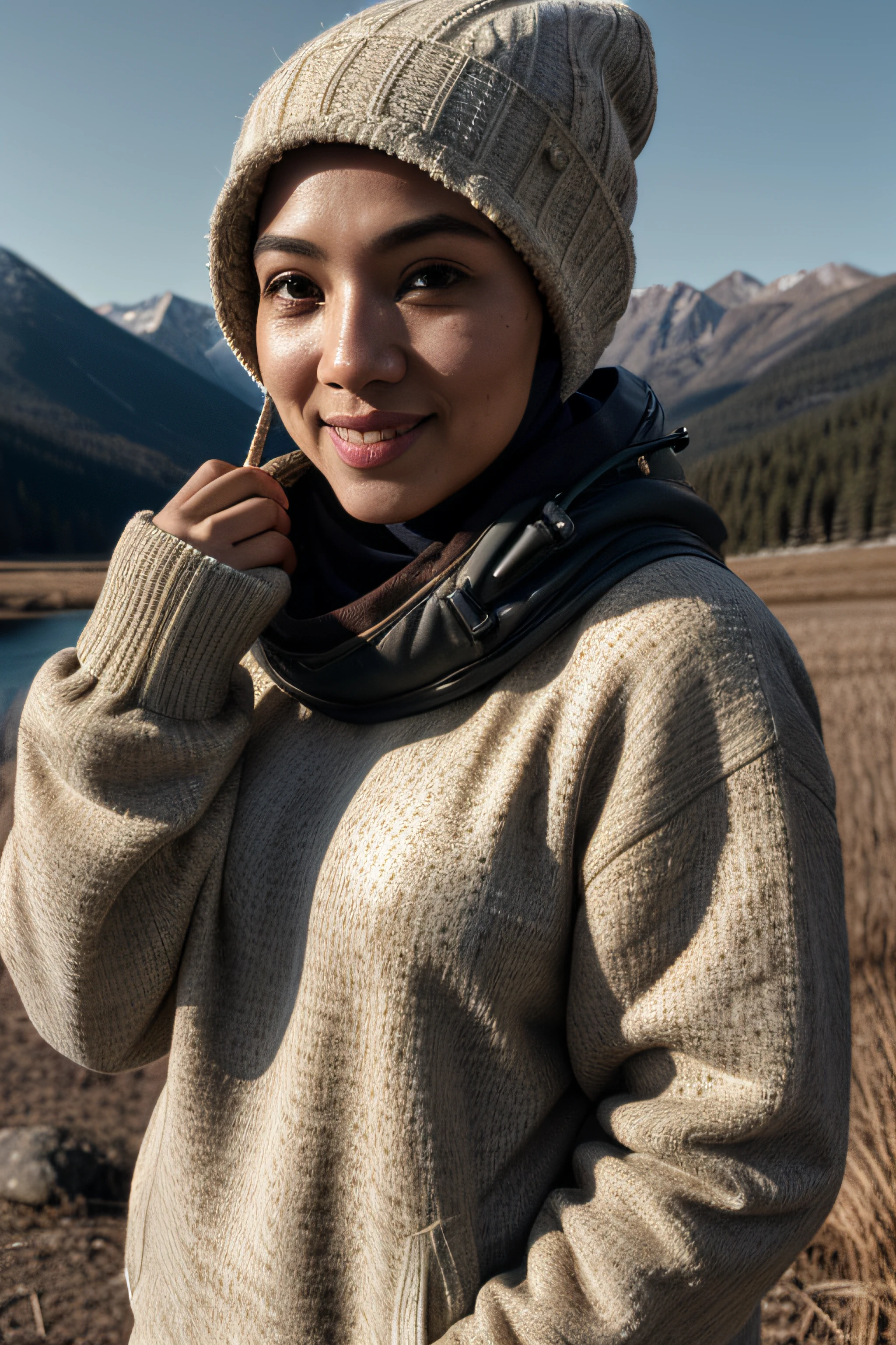 1 asian woman wearing hijab((upper body selfie, happy)), masterpiece, best quality, ultra-detailed, solo, outdoors, (night), mountains, nature, (stars, moon) cheerful, happy, backpack, sleeping bag, camping stove, water bottle, mountain boots, gloves, sweater, hat, flashlight, forest, rocks, river, wood, smoke, shadows, contrast, clear sky, analog style (look at viewer:1.2) (skin texture) (film grain:1.3), (warm hue, warm tone) :1.2), close up, cinematic light, sidelighting, ultra high res, best shadow, RAW, upper body, old man, wearing pullover