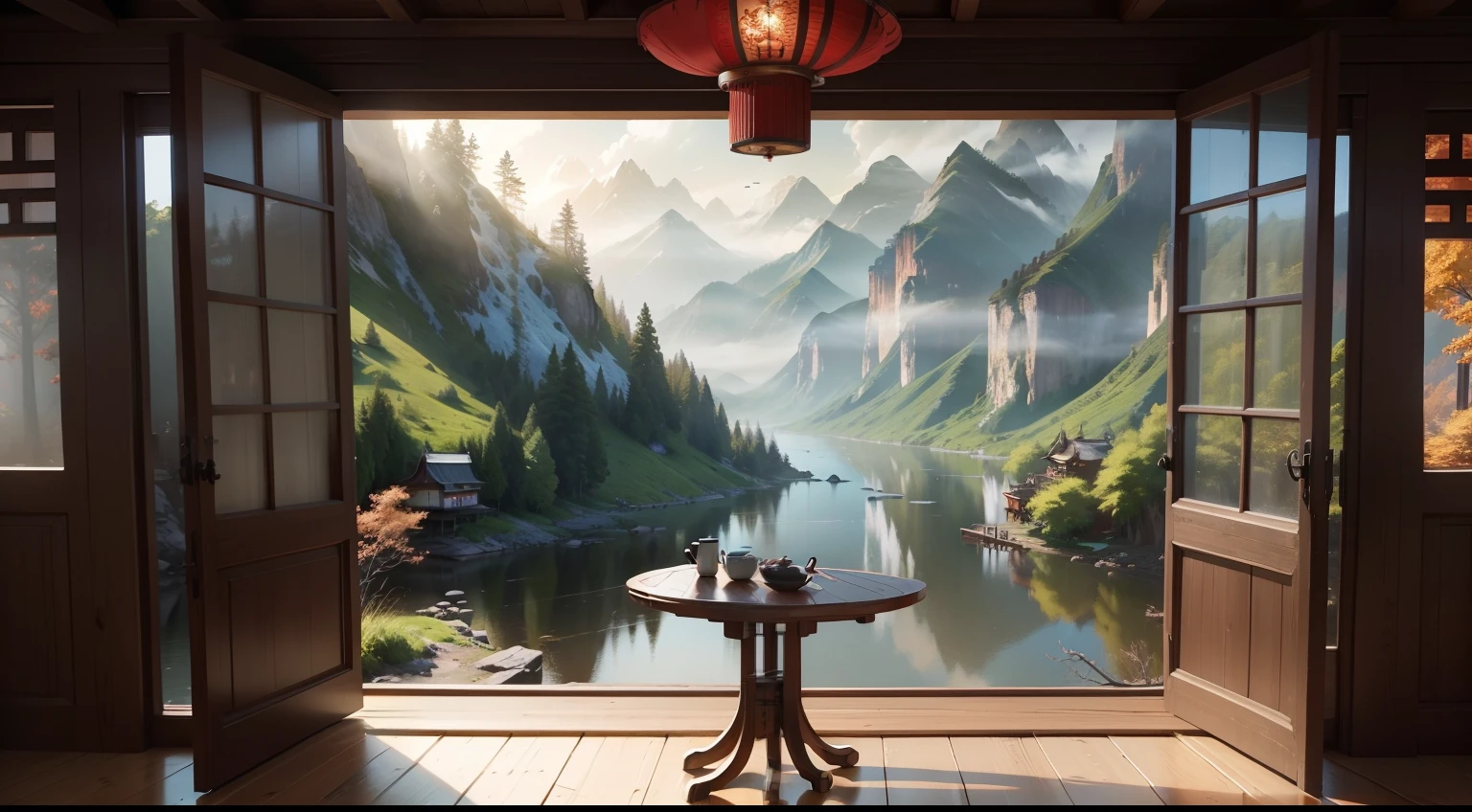 Sitting in the wooden attic，The upper part of the picture is the river looking out of the wooden window，No characters，In the lower part there is a wooden wood color table，There is brown chestnut cake on the table，Brown chestnut cake is conspicuous，Antique Chinese style, environment painting, Anime landscapes, environmentart, digital painting concept art, environment design illustration, inspired by senior environment artist, trending on cgstation, environment and concept art
