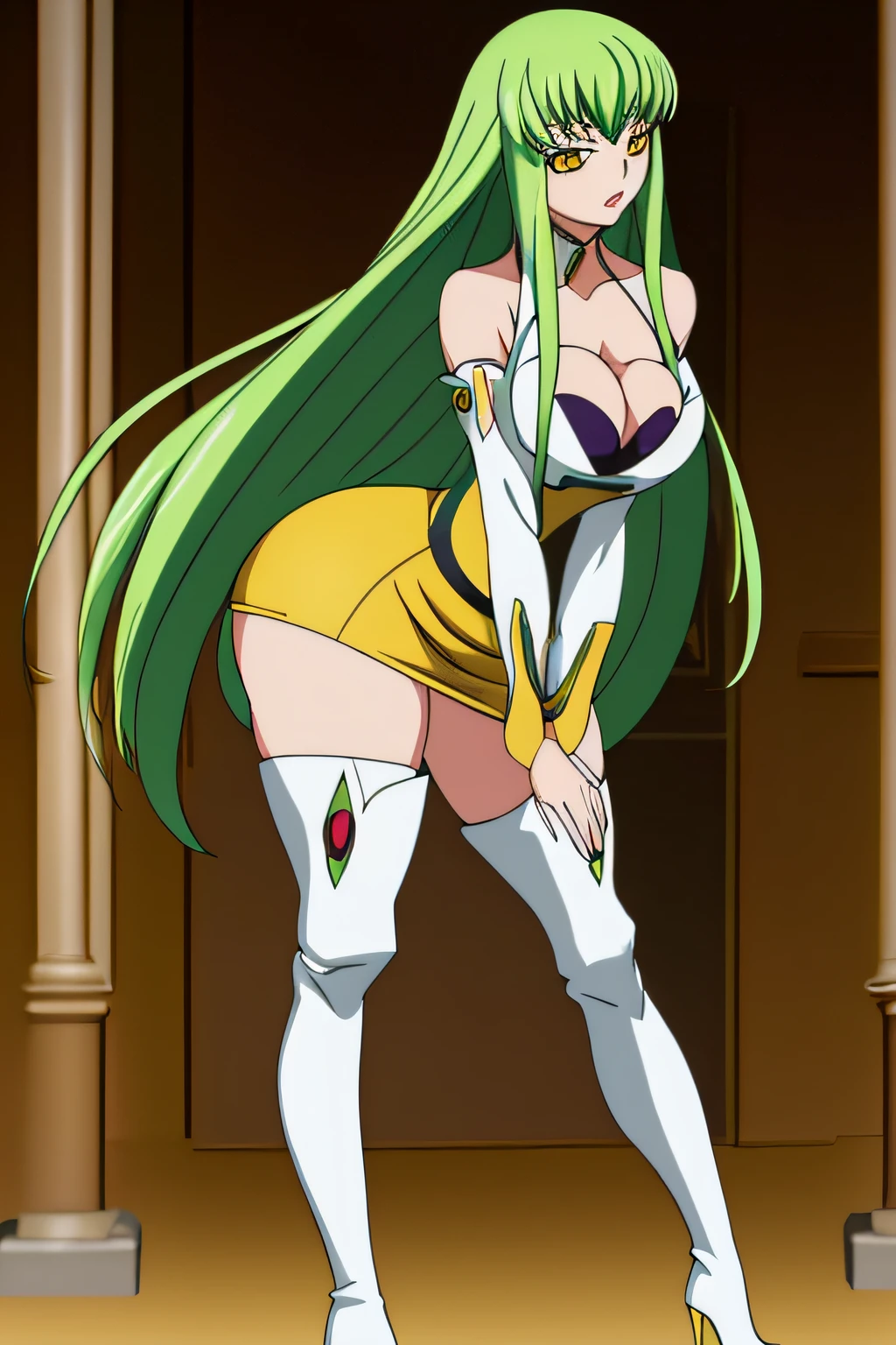 codeGeass c.c., 1girl, thick ass, boots, long green hair, high heels, long hair, thigh boots, yellow eyes, short skirt, thick thighs, revealing bubble butt, pretty face, bimbo, puffy lips, cleavage