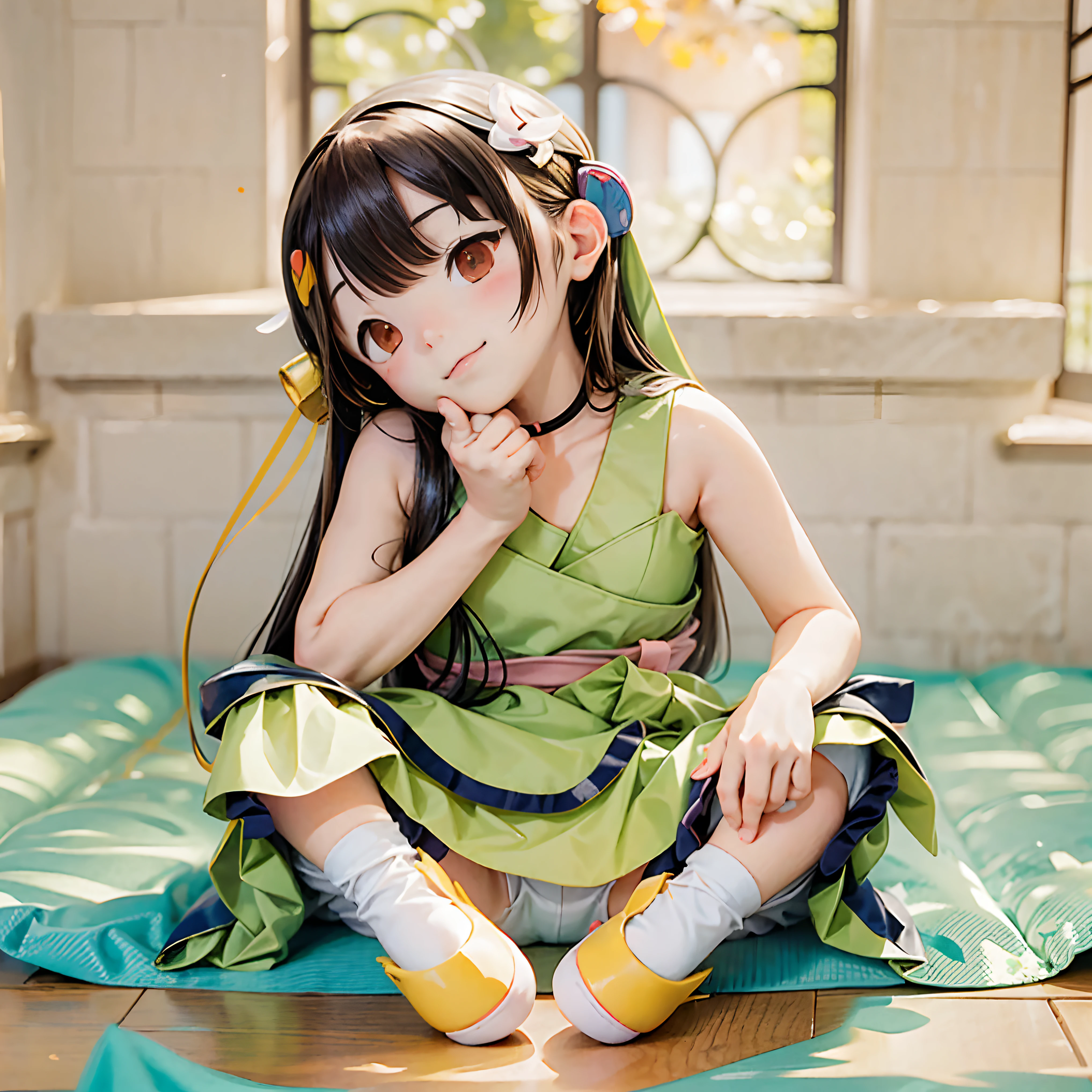 Anime girl sitting on the ground，Hand on chin, Anime moe art style, anime visual of a cute girl, (Anime girl), saori, Honest, Marin Kitagawa fanart, New Xiangcheng, Smooth anime CG art, anime full body illustration, Casual pose, made with anime painter studio, High quality anime art style