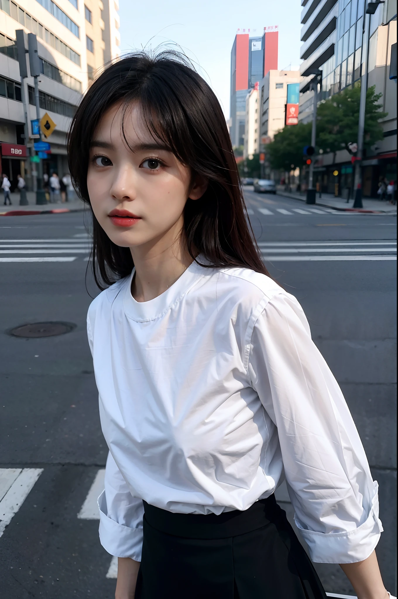 4D, 8K, highest quality, masterpiece, realistic, photorealistic, ultra high definition, japanese female, 1 girl, white shirt, black high-waisted skirt, upper body, looking at viewer, city street