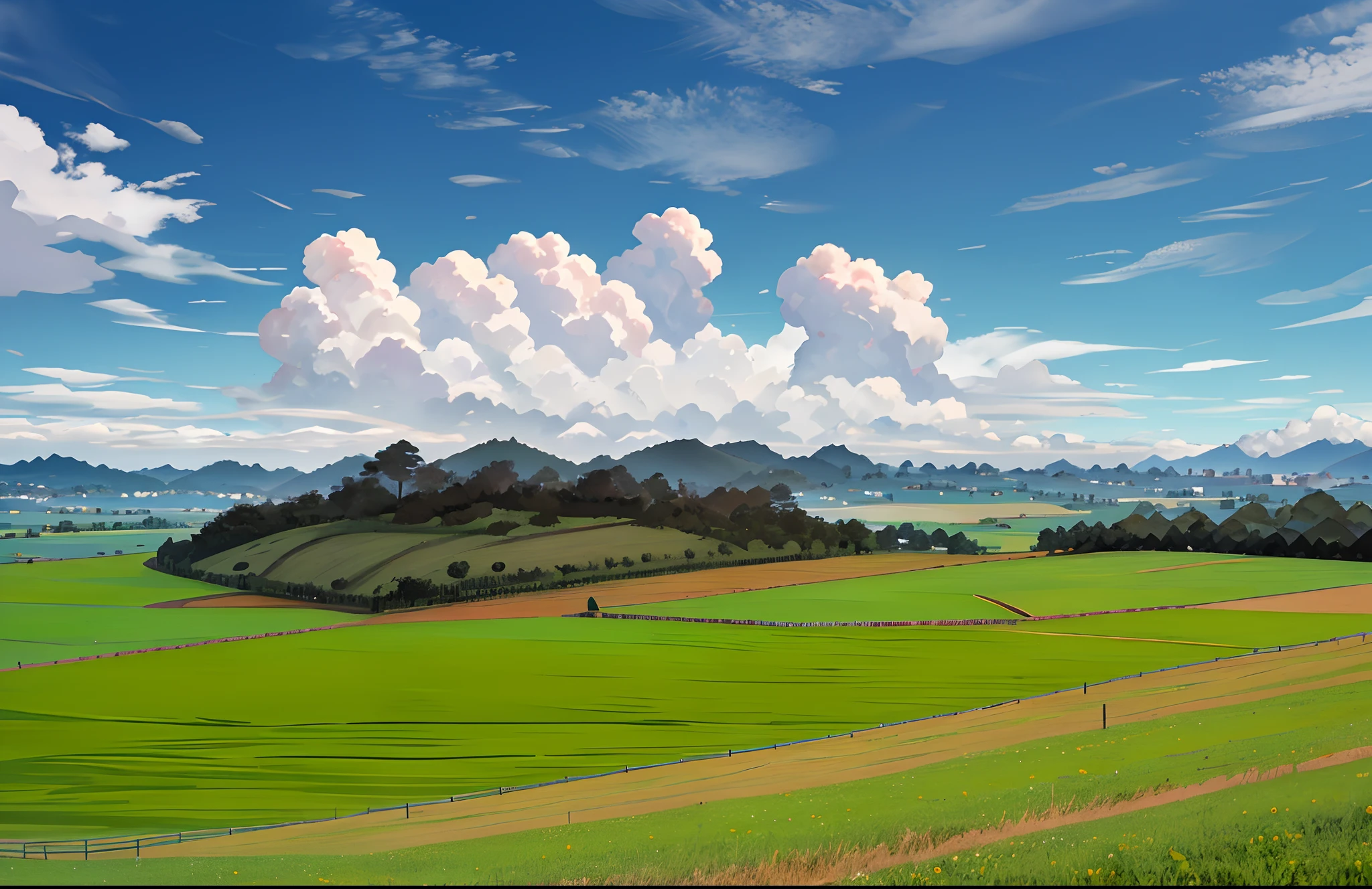 There is a field with a green grass and a blue sky, blue sky and green pasture, Campo gramado, em um grande campo verde gramado, background is celestial, um campo aberto, farm land, grassy plains, campos gramados, an extensive grassy plain, prado, paisagem aberta, natureza e nuvens em segundo plano, Morro Gramado, Campo exuberante, Nuvens e campos em segundo plano