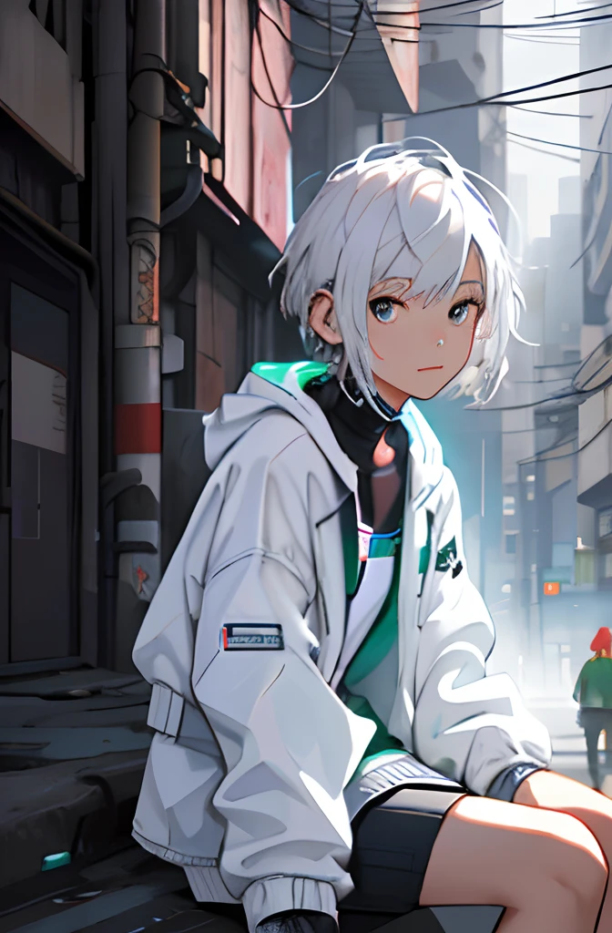 Draw a young girl，Sitting on the side of the street，Strong awareness of science and technology，White 2 hair，youthfulness，Pure，short detailed hair，Rich in technology，Technical cutouts，Faraway view，Sense of architectural technology，Architectural cyberpunk