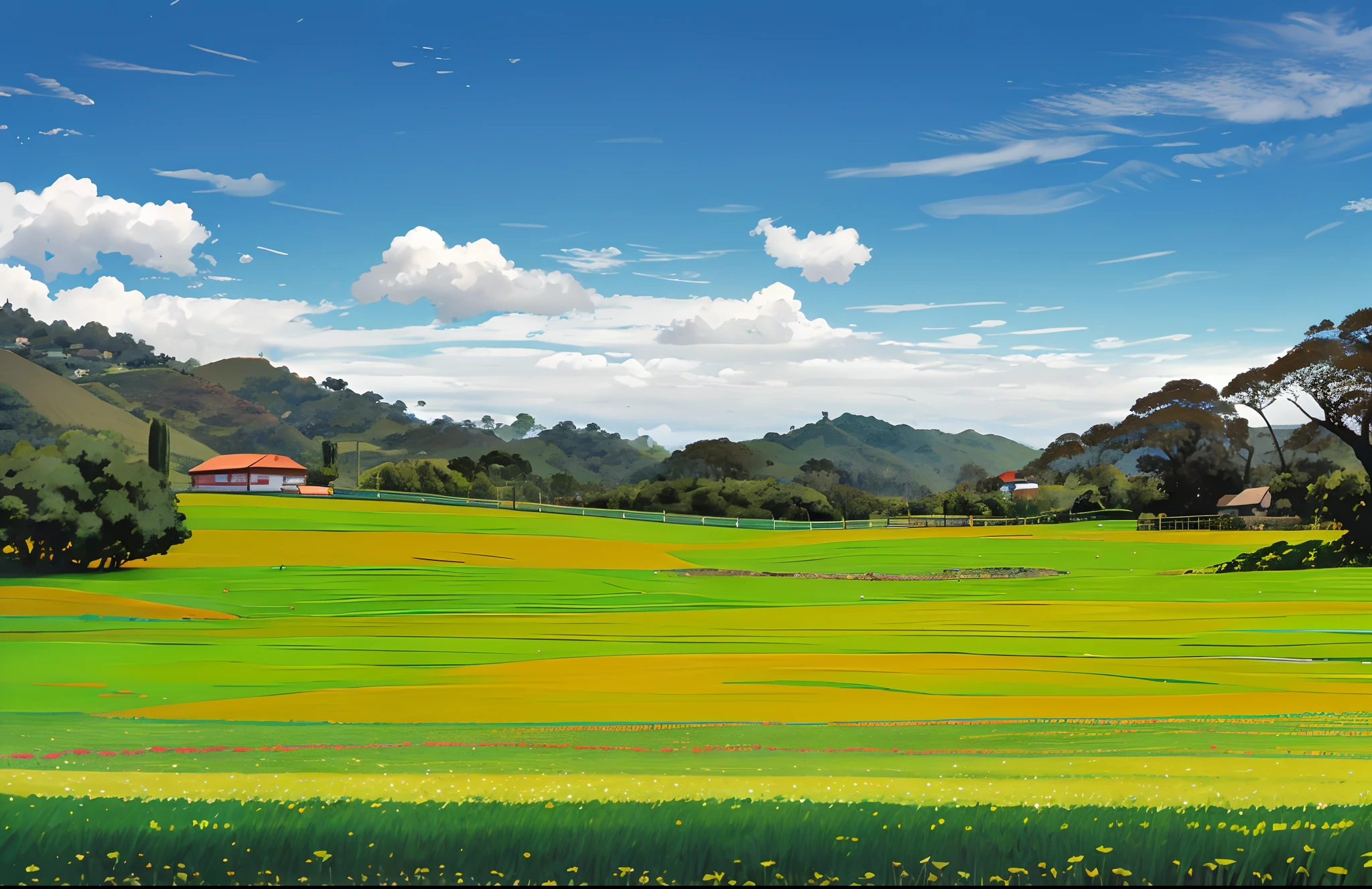 There is a field with a green grass and a blue sky, blue sky and green pasture, Campo gramado, em um grande campo verde gramado, background is celestial, um campo aberto, farm land, grassy plains, campos gramados, an extensive grassy plain, prado, paisagem aberta, natureza e nuvens em segundo plano, Morro Gramado, Campo exuberante, Nuvens e campos em segundo plano