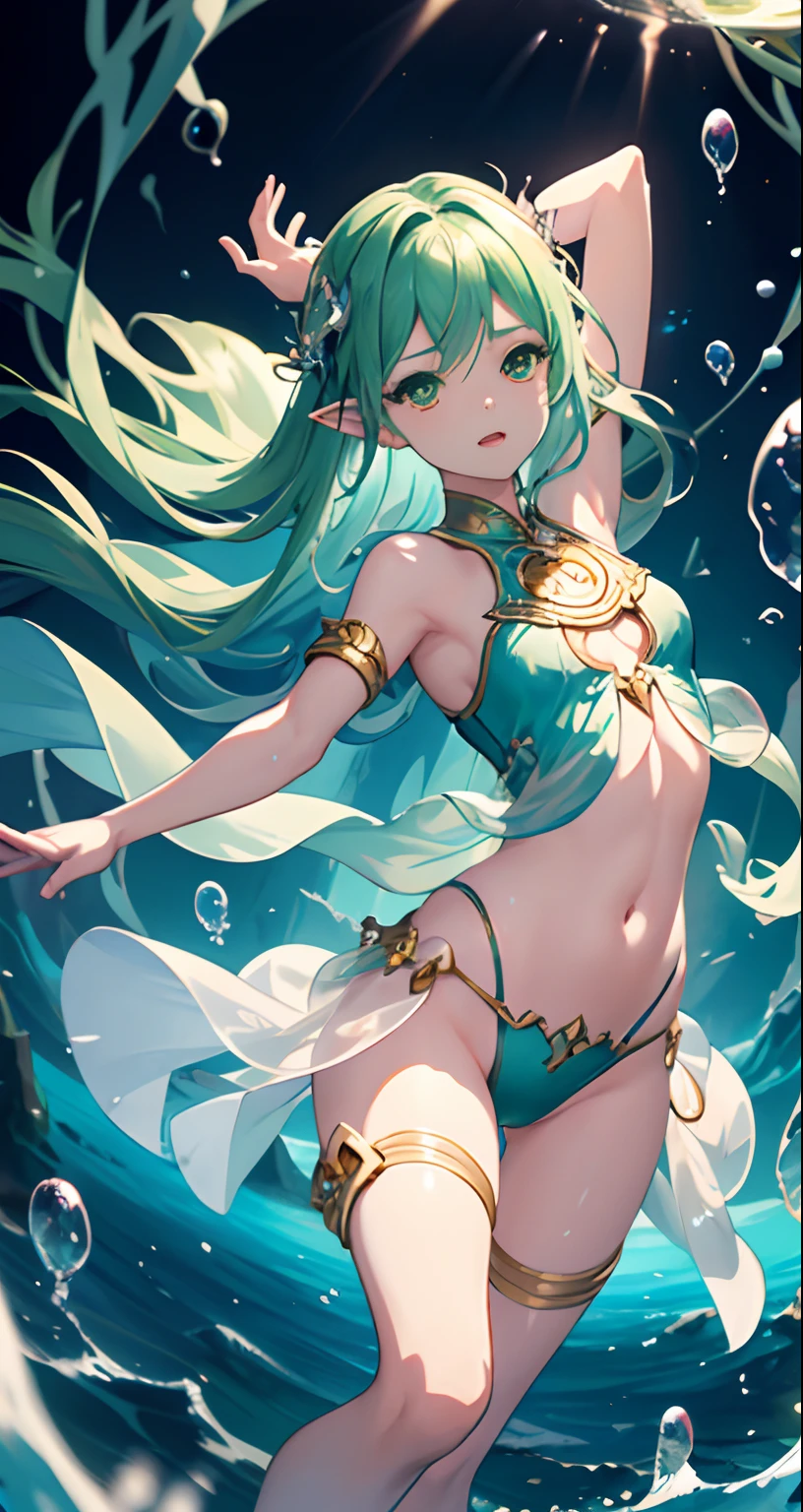 1Man Elves、Dancer's clothes、Young Elves、Fluttering clothes、See-through,Implicit panty shots,translucent clothes、length hair、bright green hair、Hand flail、fetters、hands tied up、tied legs、Feet fixed on the seabed、Heavy chains、Freediving、Jump into the water、abyssal、Dive to the bottom of the ocean,Planktonic,Sinking to the bottom of the water、Looked、opened mouth、Pointed upwards、Twisted body、arched back、twisted hips、Weakened、Arched upper body、I turned my body around、Wriggled the whole body、legs open、Arms lifted、Feet swam、Belly dance、Legs opened、Dance with swinging hips、profile、Sensational dance、bblurry,Many bubbles、dynamic ungle、low angles、Cute art style, Highly detailed artwork,anime in fantasy style, Stylized anime,anime cover, anime fantasy illustration, Anime Artwork, Anime Art Style, beautiful anime art style
