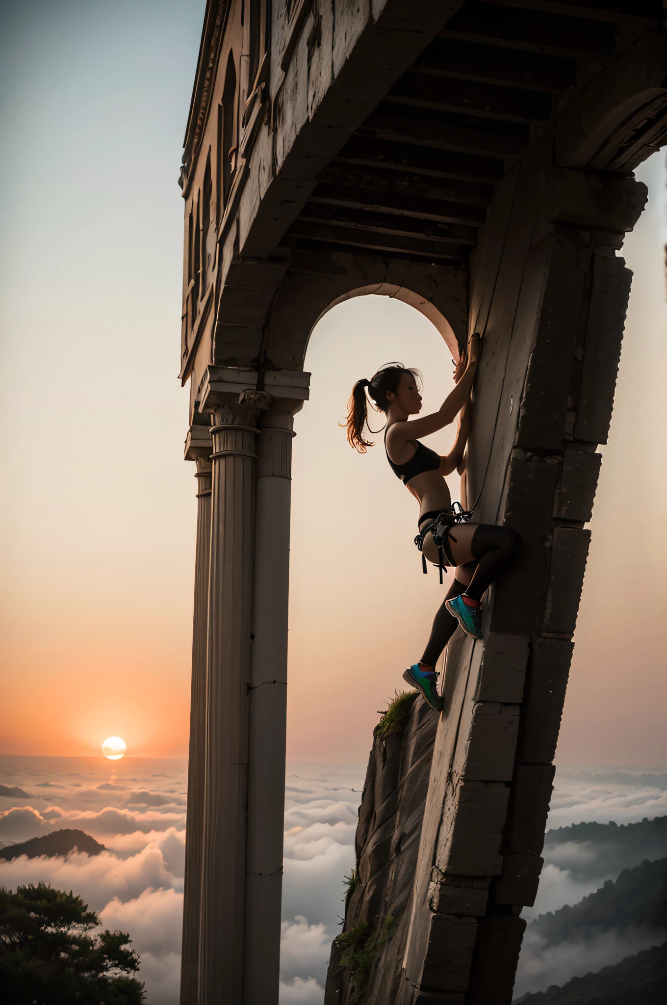 photograph, 1girl, goddess, Climbing, Foggy Undercut hairstyle, aesthetics, atmosphere, (sweat:1.3), landscape, sunrise,