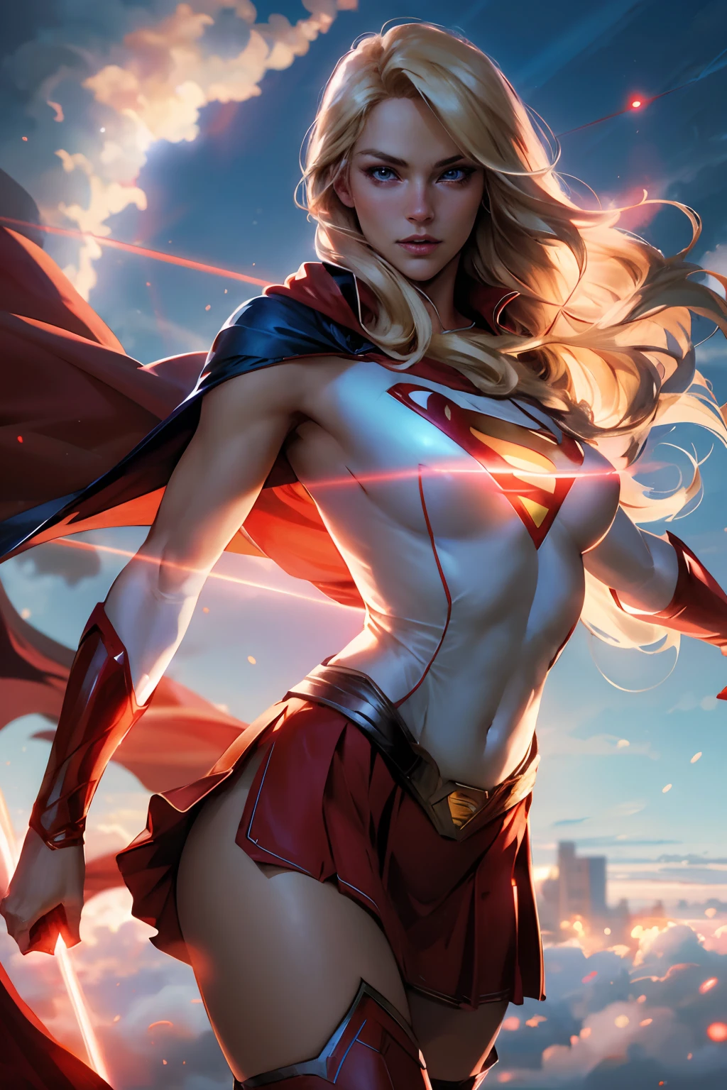 nijistyle, cowboy shot of beautiful lady in superman costume, long blonde hair, heroic, glowing red eyes, laser eyes, cape, particles, clouds, sky, red skirt, red boots, sexy pose
