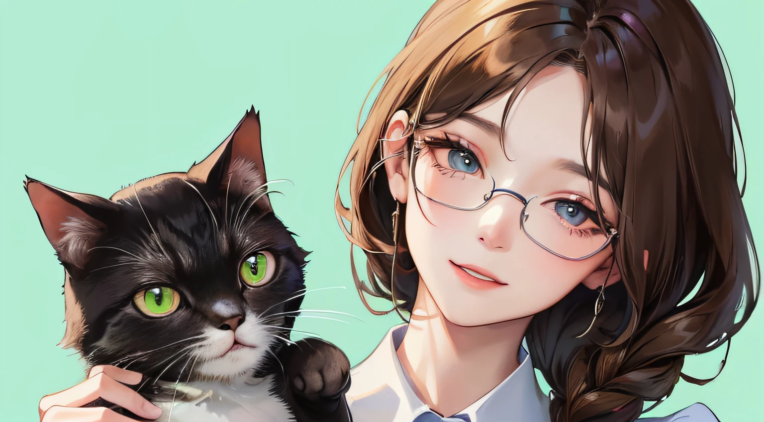 (((1人の女性)))、(Top resolution、Distinct_image) best qualtiy、(((holding cat)))、((sideways Facing))、masterpiece、ighly detailed、Semi-realistic、Brown hair、eye glass、Braided hairstyle、A smile、bangss、21 years old、Mature、年轻、White blouse、Green background、delicated facial features、Facial features、mid-shot、
