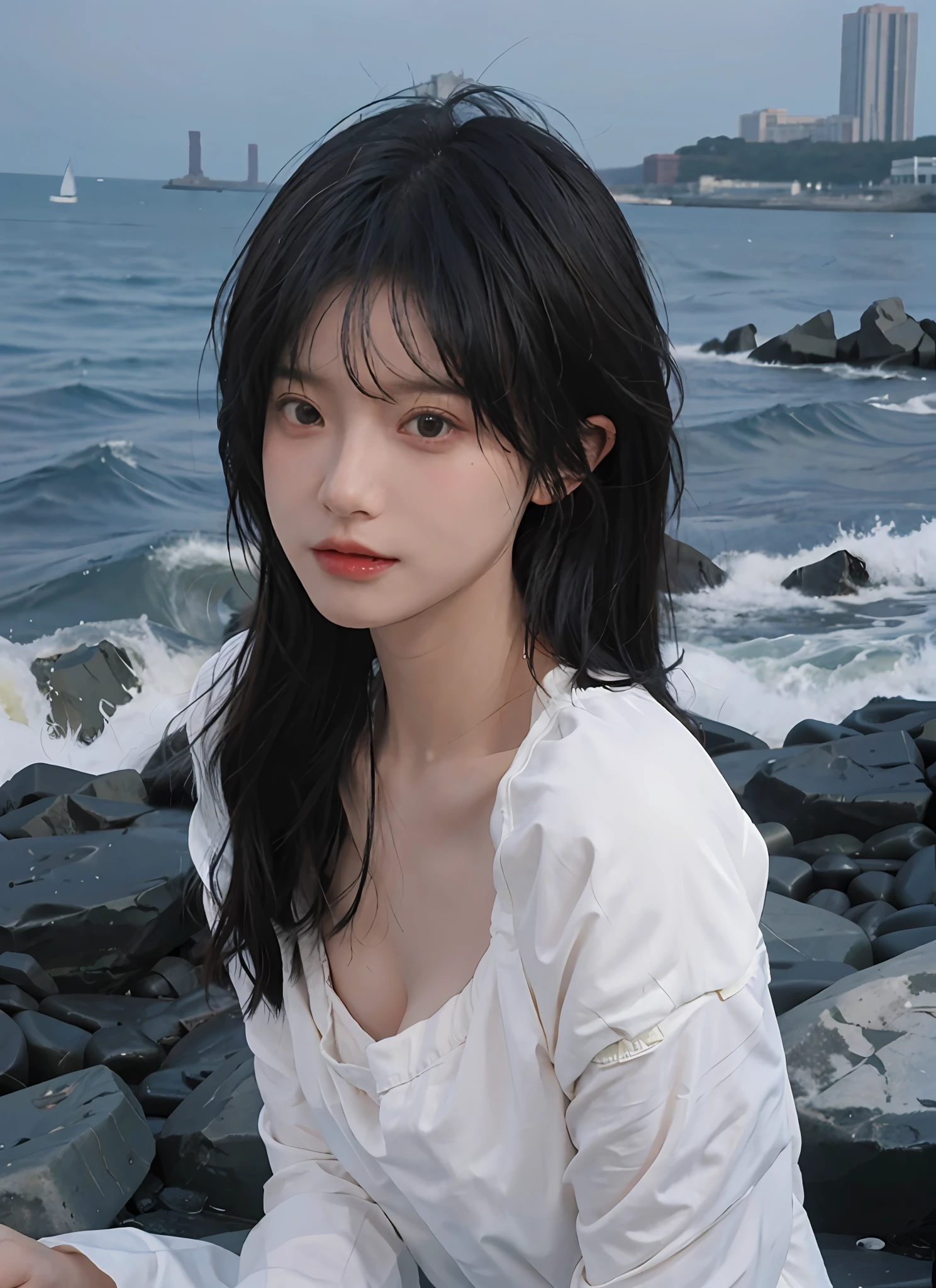 best qualtiy,tmasterpiece,超高分辨率,(realisticlying:1.4),1girll,Raised sexy,(The shirt:1.2),(brassier:1.2),(big cleavage breasts:1.3),(The upper part of the body:1.4),Beach by the sea,natta