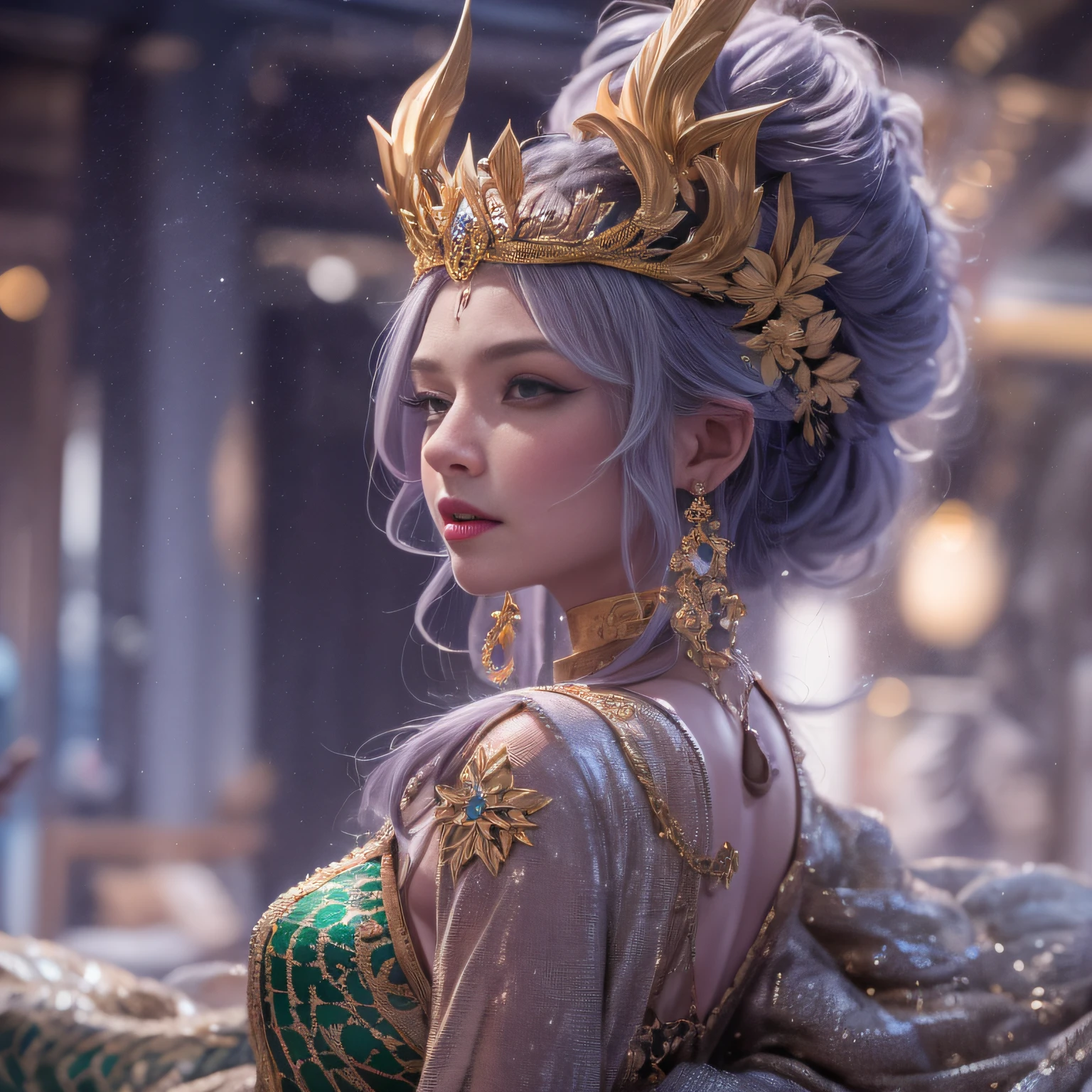 16k(tmasterpiece,k hd,hyper HD,16k)short detailed hair,Gold jewelry area in the back room,Redhead Queen ,Silver Dragon Protector (realisticlying:1.4),Python pattern robe,Purple-pink tiara,Snowflakes fluttering,The background is pure,Hold your head high,Be proud,The nostrils look at people, A high resolution, the detail, RAW photogr, Sharp Re, Nikon D850 Film Stock Photo by Jefferies Lee 4 Kodak Portra 400 Camera F1.6 shots, Rich colors, ultra-realistic vivid textures, Dramatic lighting, Unreal Engine Art Station Trend, cinestir 800,Hold your head high,Be proud,The nostrils look at people