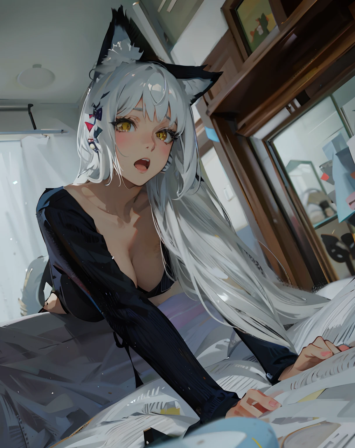 There is a woman with long hair and cat ears on the bed, Attractive cat girl, Anime girl cosplay, beautiful young catgirl, very beautiful cute catgirl, Anime cosplay, cosplay, anime catgirl, White Cat Girl, nekomimi, Cat woman, Anime girl in real life, beautiful anime catgirl, Very beautiful anime cat girl, Cat girl,White color hair,cleavage,Bigboobs,largeeyes,There is light in the eyes