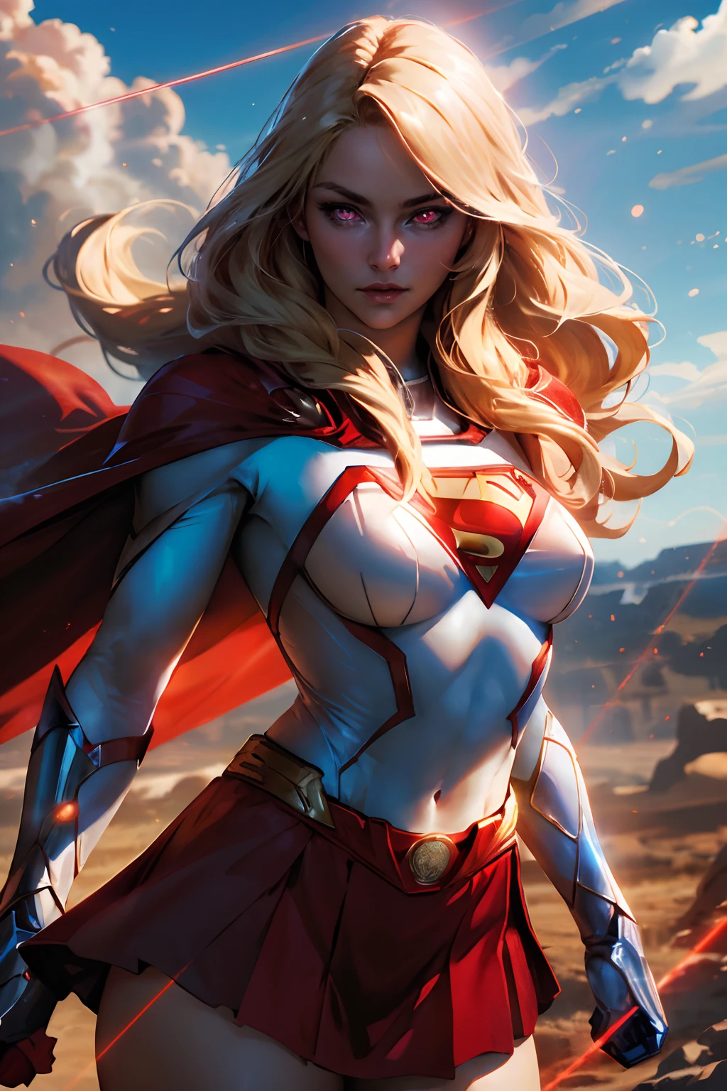 nijistyle, cowboy shot of beautiful lady in superman costume, long blonde hair, heroic, glowing red eyes, laser eyes, cape, particles, clouds, sky, red skirt, red boots, sexy pose
