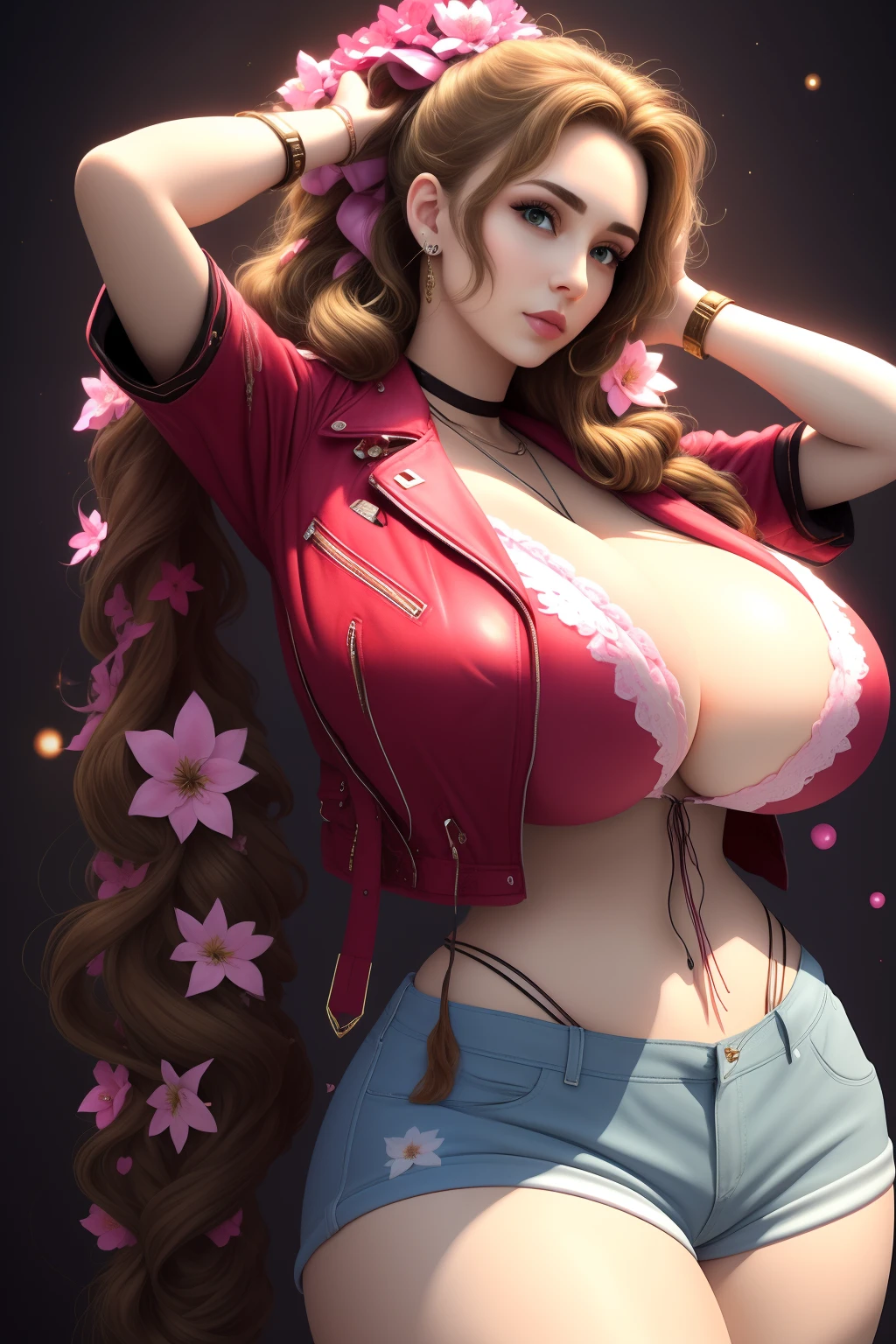 (best quality,masterpiece),superlative beautiful detailed face,age 30 woman with (gigantic breasts:1.6),In Harajuku shorts with (ill fit Harajuku pink T-shirt)(aerith gainsborough),(curvy),Decora Accessories,choker, cropped jacket,hair bow, bracelet,very long hair, hair ribbons and clips,cute and sexy,(Harajuku brown,red, and pink flower theme with flower effects)