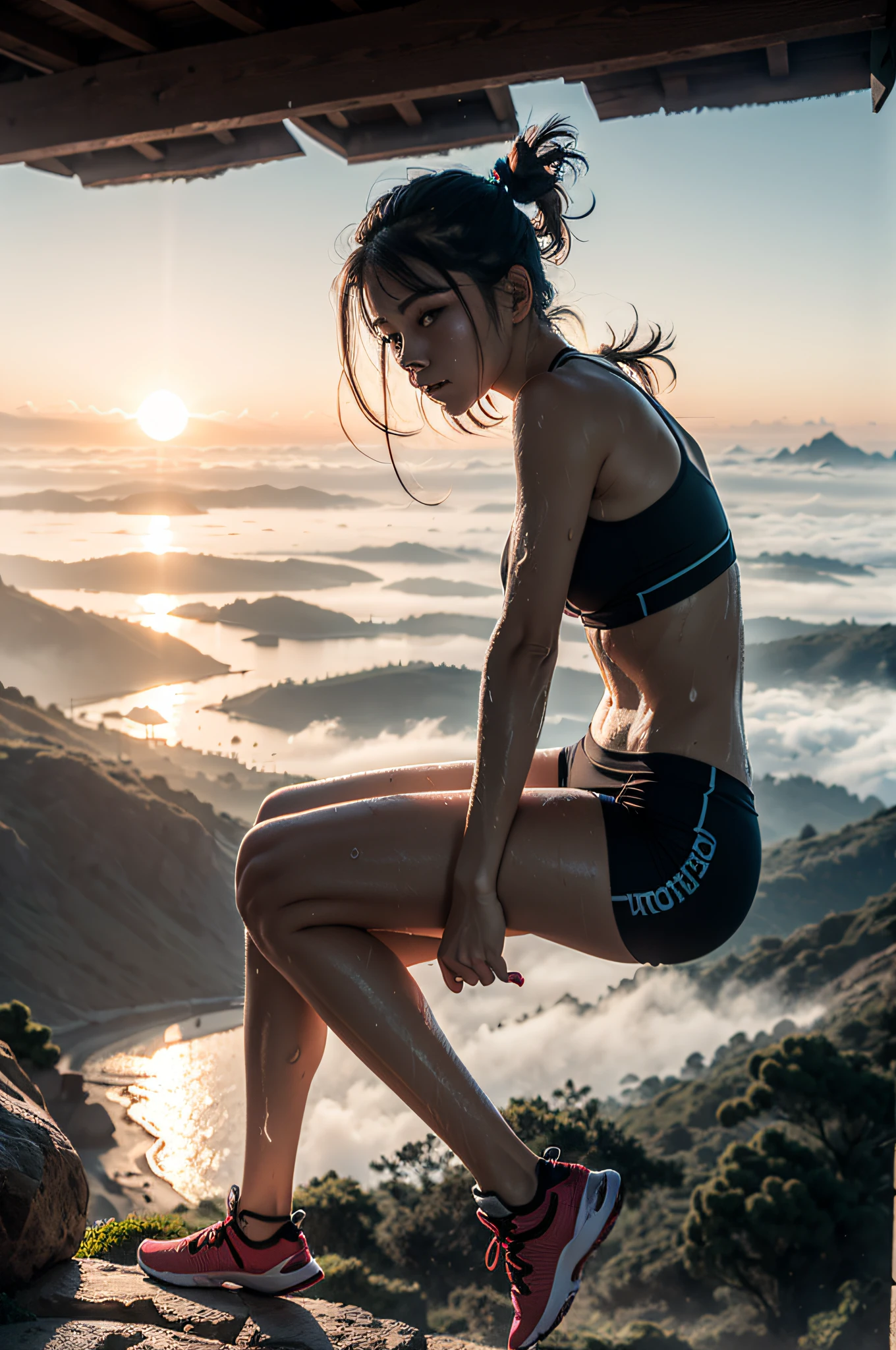 photograph, 1girl, goddess, Climbing, Foggy Undercut hairstyle, aesthetics, atmosphere, (sweat:1.3), landscape, sunrise,