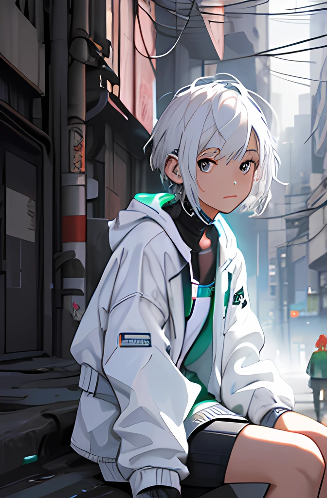 Draw a young girl,Sitting on the side of the street,Strong awareness of science and technology,White 2 hair,youthfulness,Pure,short detailed hair,Rich in technology,Technical cutouts,Faraway view,Sense of architectural technology,Architectural cyberpunk