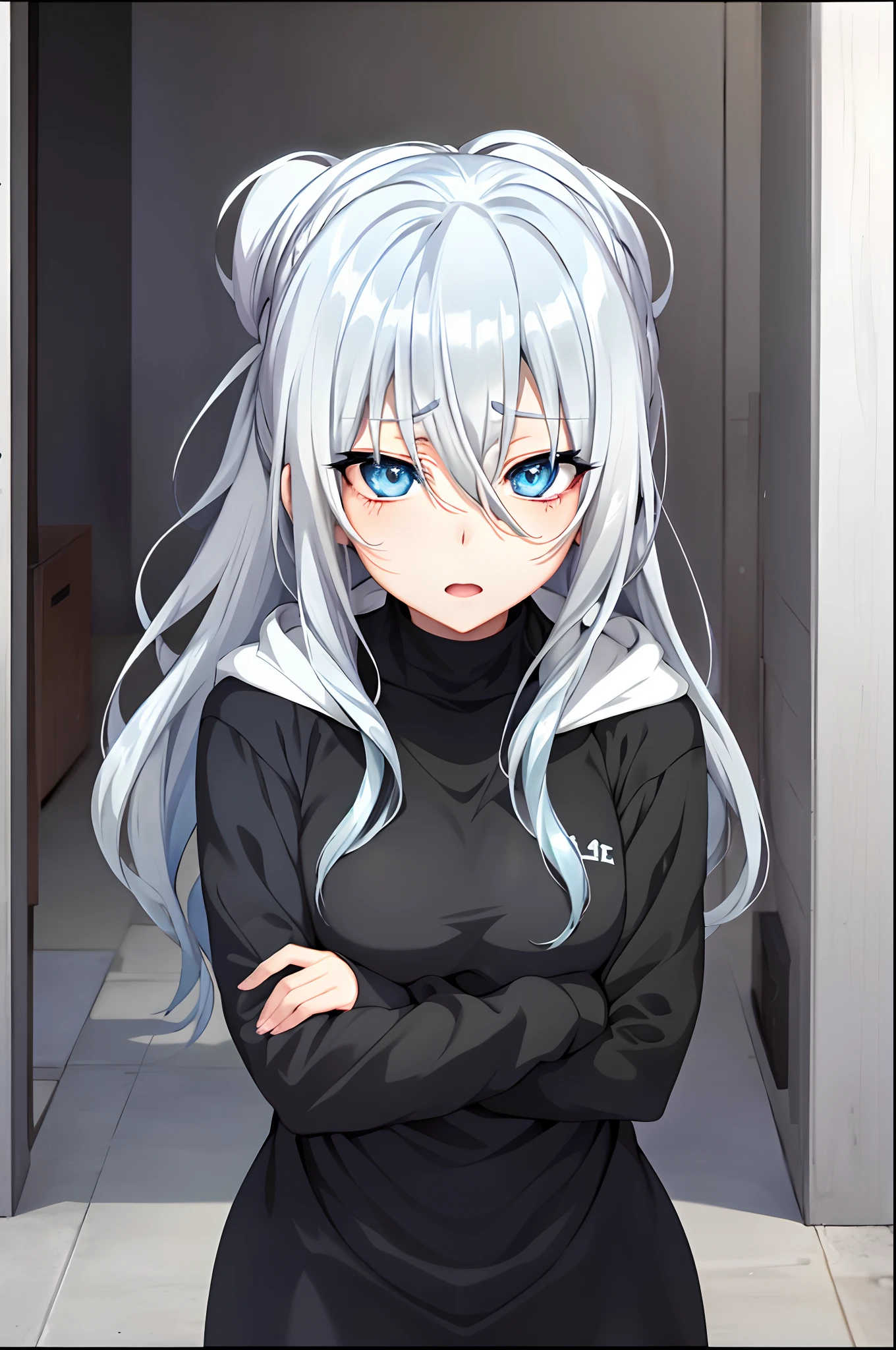 Silver hair and  blue eyes in a black hoodie, anime visual of a cute girl, screenshot from the anime film, & her expression is solemn, ahegao face, in the anime film, in an anime, anime visual of a young woman, she has a cute expressive face, still from anime