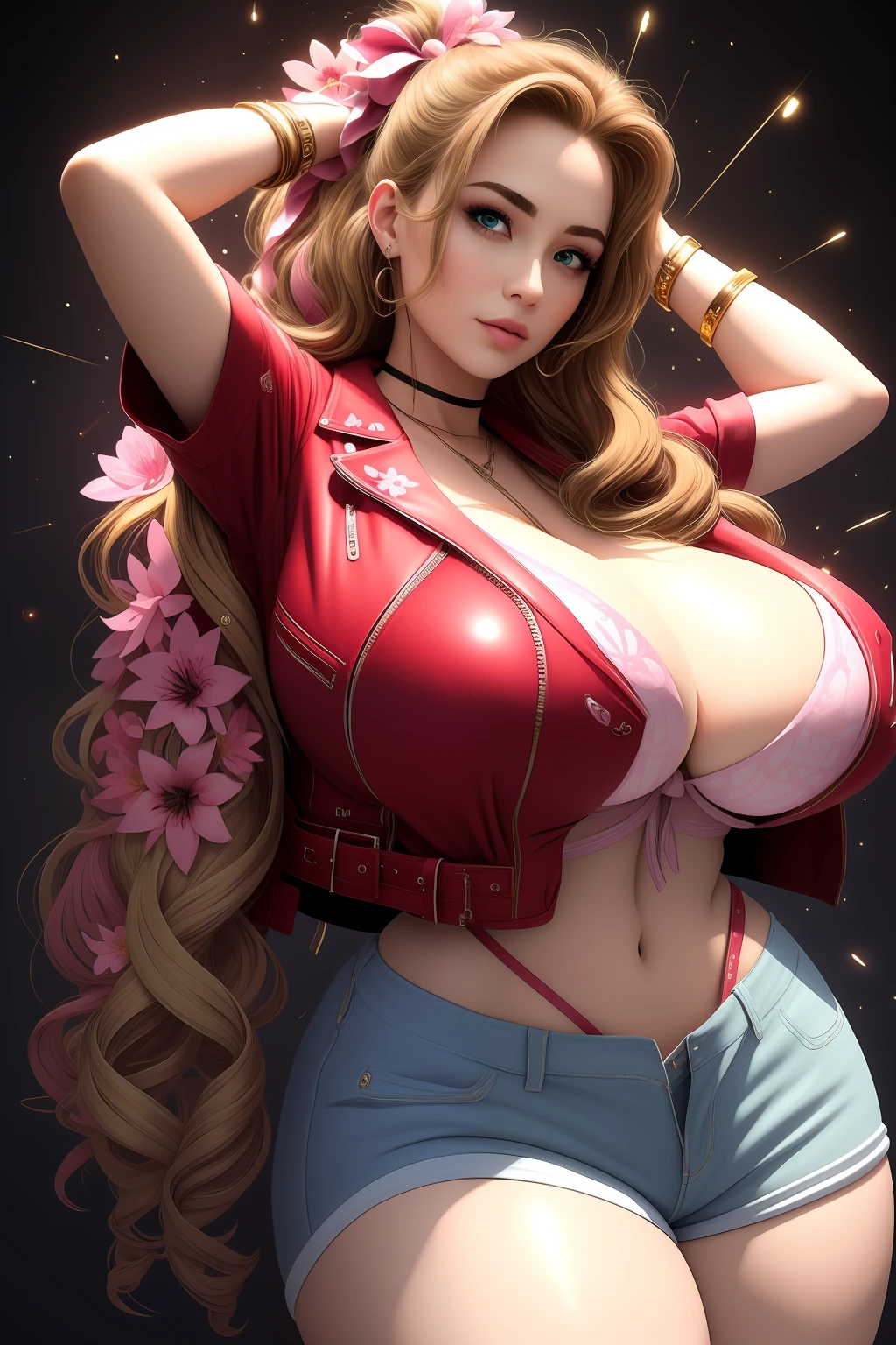 (best quality,masterpiece),superlative beautiful detailed face,age 30 woman with (gigantic breasts:1.6),In Harajuku shorts with (ill fit Harajuku pink T-shirt)(aerith gainsborough),(curvy),Decora Accessories,choker, cropped jacket,hair bow, bracelet,very long hair, hair ribbons and clips,cute and sexy,(Harajuku brown,red, and pink flower theme with flower effects)