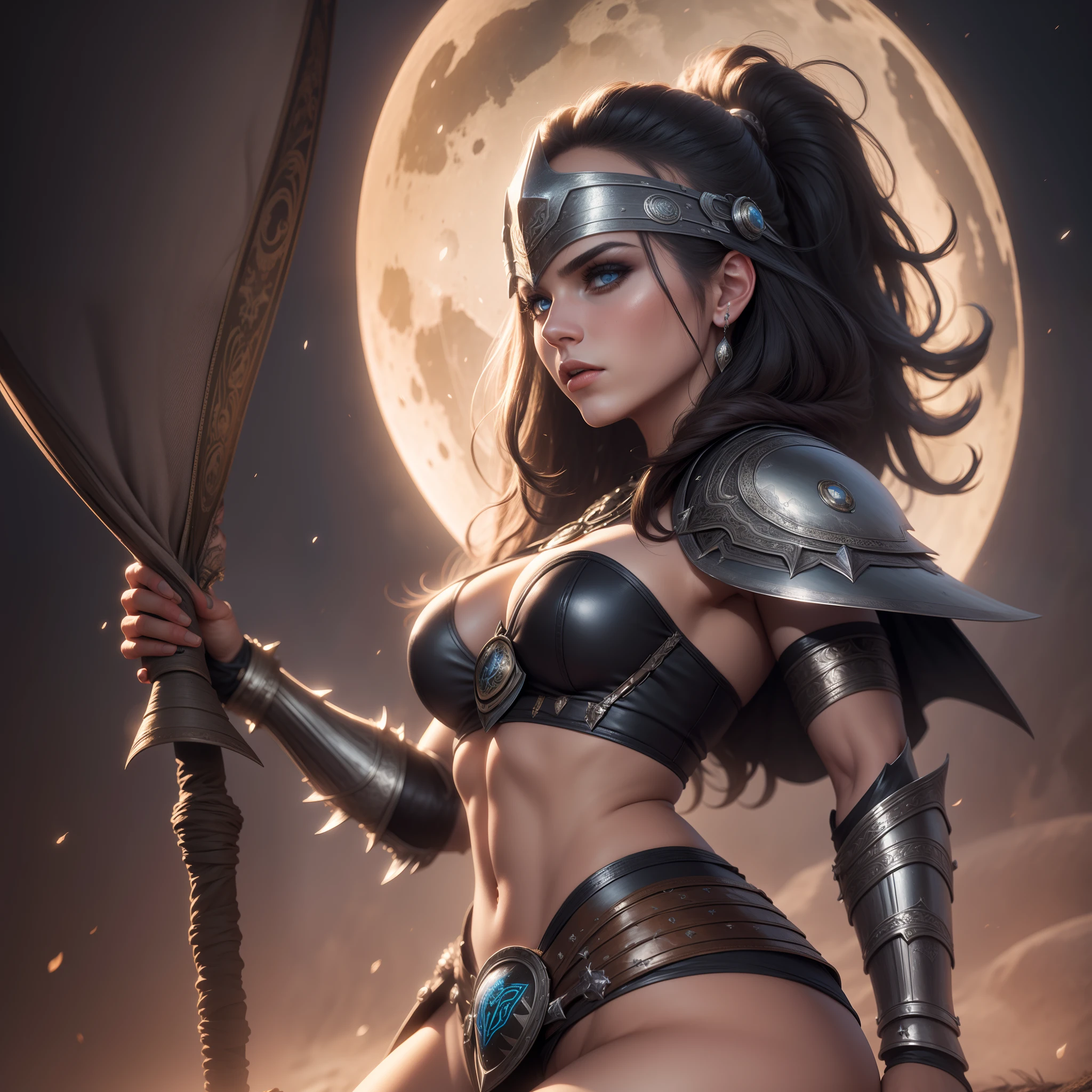 "hermosa bruja con armadura de luna llena Ultra-realist, 8K, Full HD"