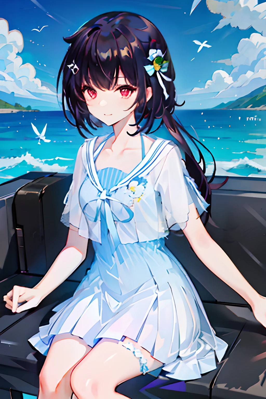 Beautiful dynamics,Seagulls fly,beautiful Girl,Sitting down,Emoji smile,Clouds in the distance