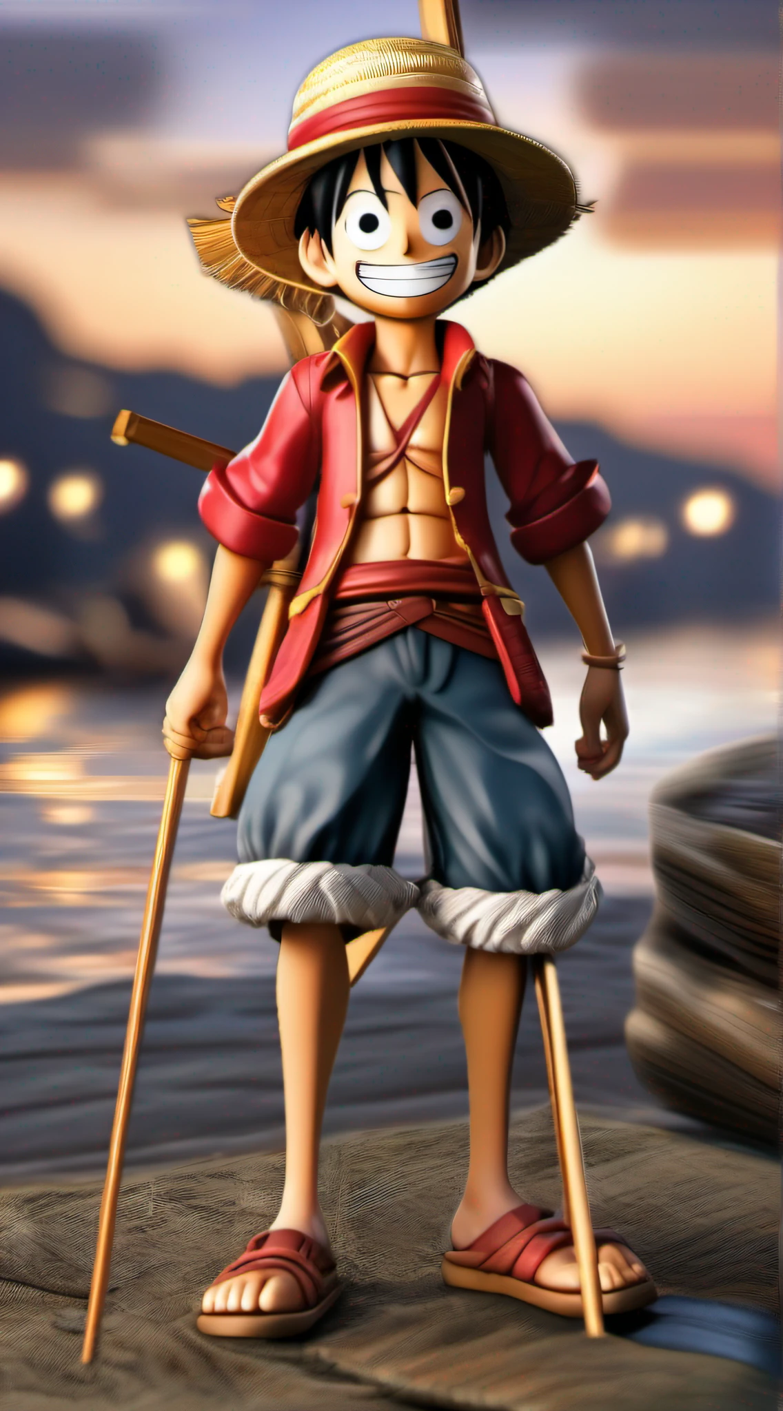 photo of happy luffy with his straw hat flying a kite on the slab very detailed eyes, well drawn and proportional hands without deformities, ultra detailed, well elaborated details,