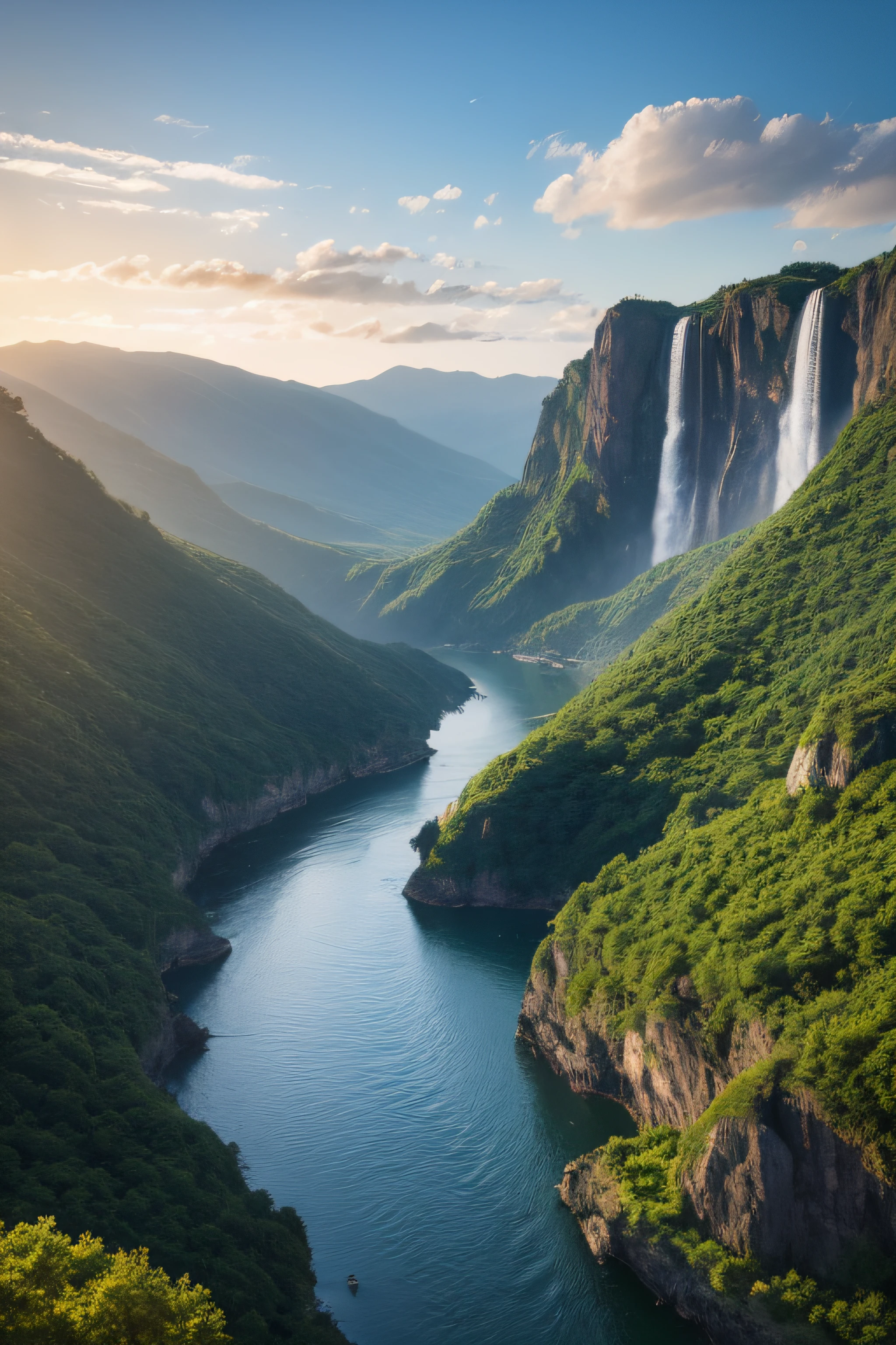 Masterpiece, ultimate quality, Cg unity 8k wallpaper, super delicate, beautiful sky and clouds, rich natural scenery, cliffs, lakes and rivers, waterfalls and flying water, beautiful green mountains, no trace of people, excellent scenery, has already won a photo contest, background Blurring, full depth of field, HDR high dynamics, true restoration, intricate, extreme details, dramatic presentation, perfectly presenting the style of midjourney art.