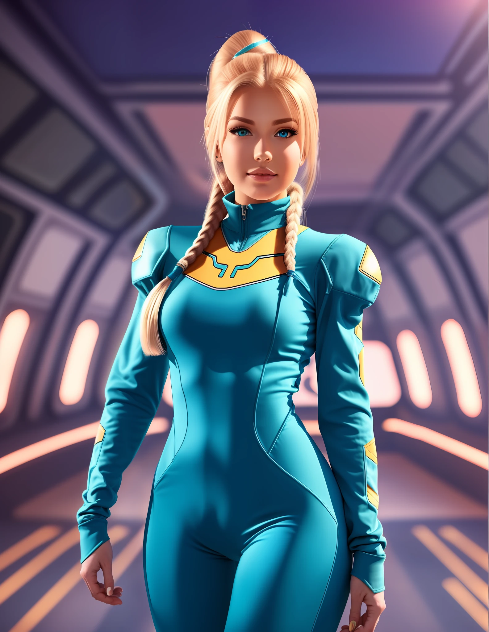 cute blonde woman wearing a blue jumpsuit, long hair, ponytail hair, spaceship background, sexy photo(samus aran) --auto --s2