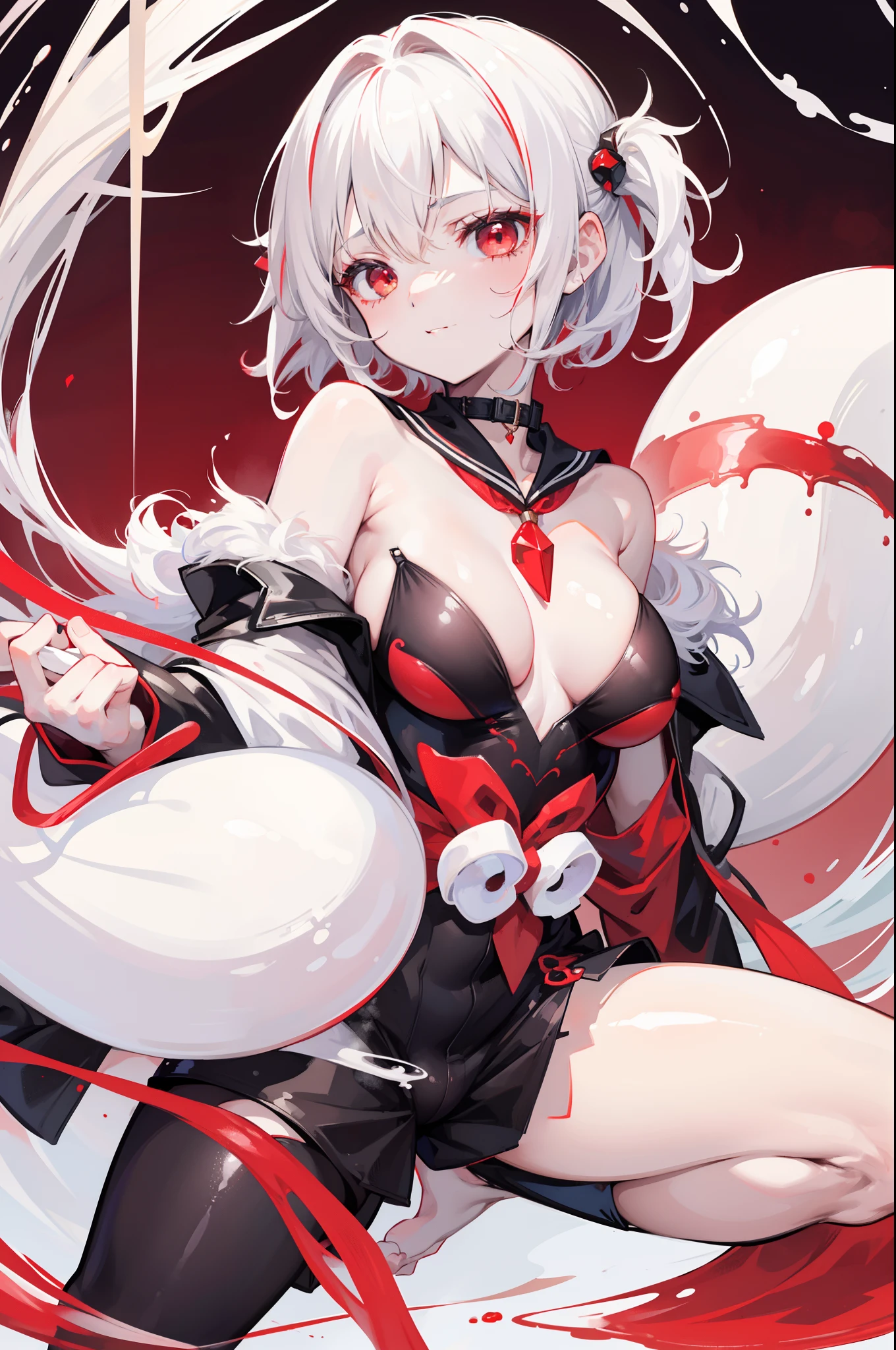 NSFW,Lady Lady, lovely boy, with short white hair, red color eyes, ssmile, Black sailor costume with shorts, Red as the color scheme, detailed hairs, Poor milk,little breast, disgusted expression, There is white slime on the face