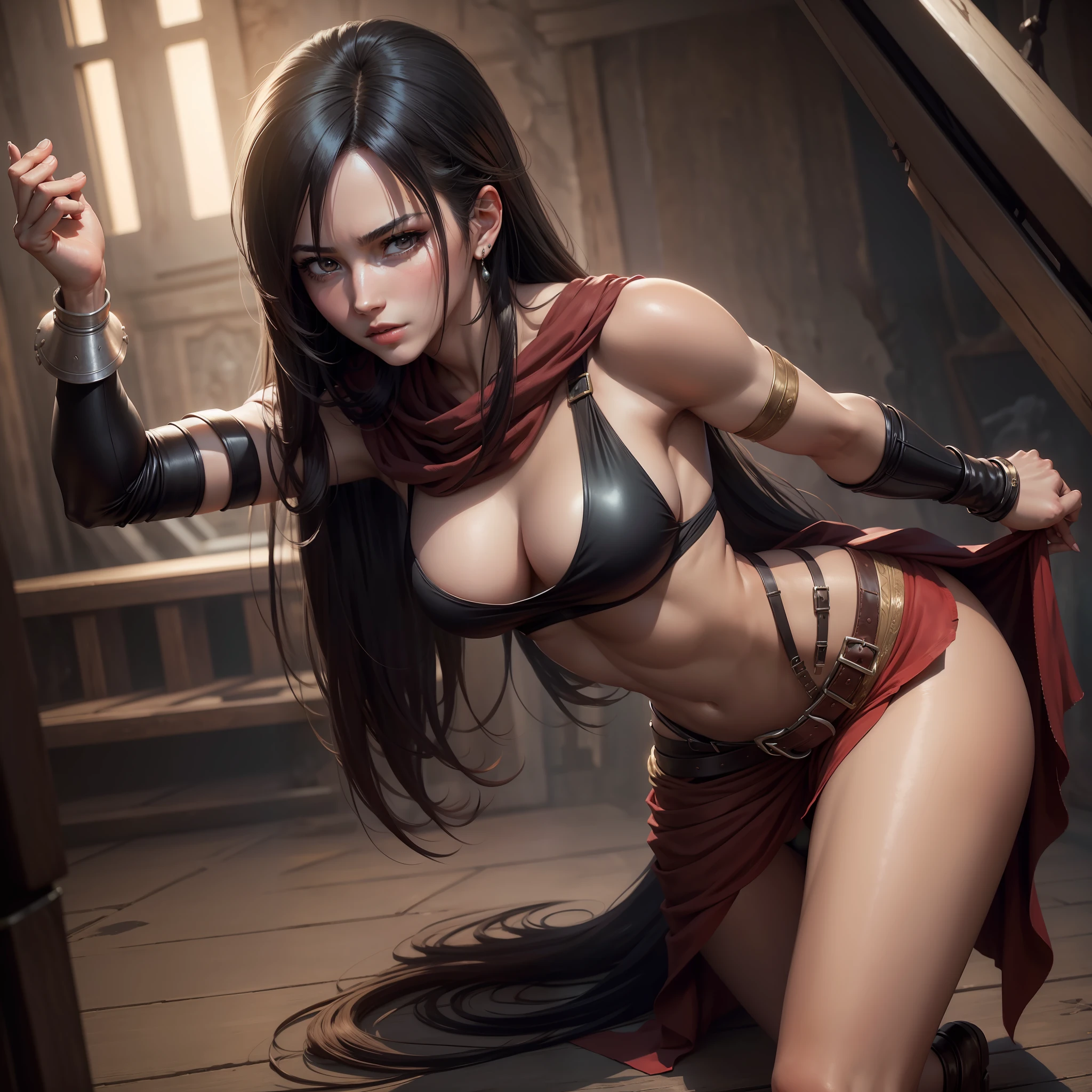 masterpiece,ff Tifa,Beautuful Women,Long hair shawl,Skin is radiant,battle garment,Charming eyes,Provocative actions,movie picture quality,8K,best qualtiy